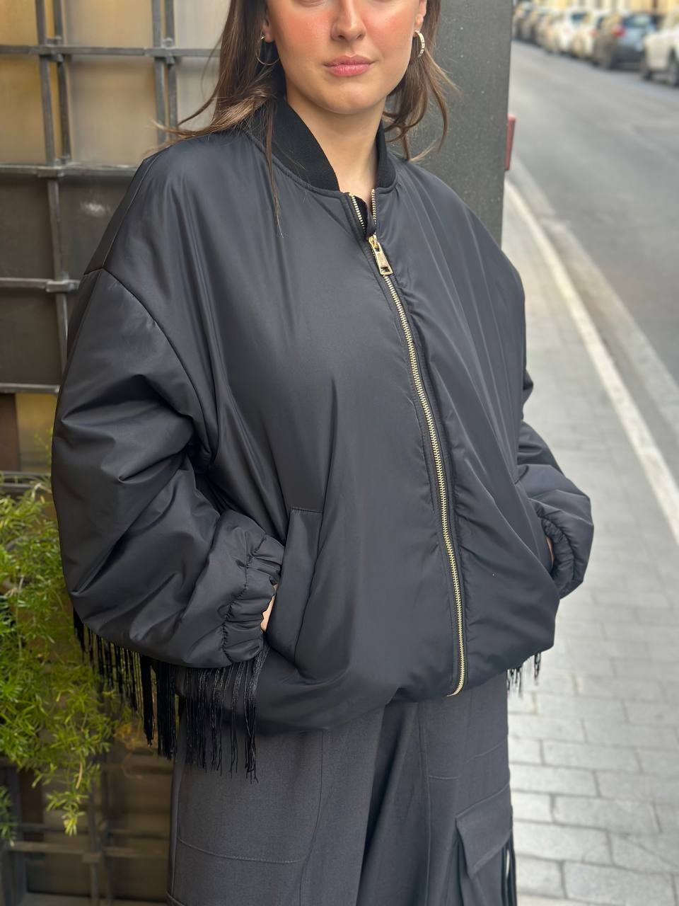 Tensione In Bomber con frange NERO