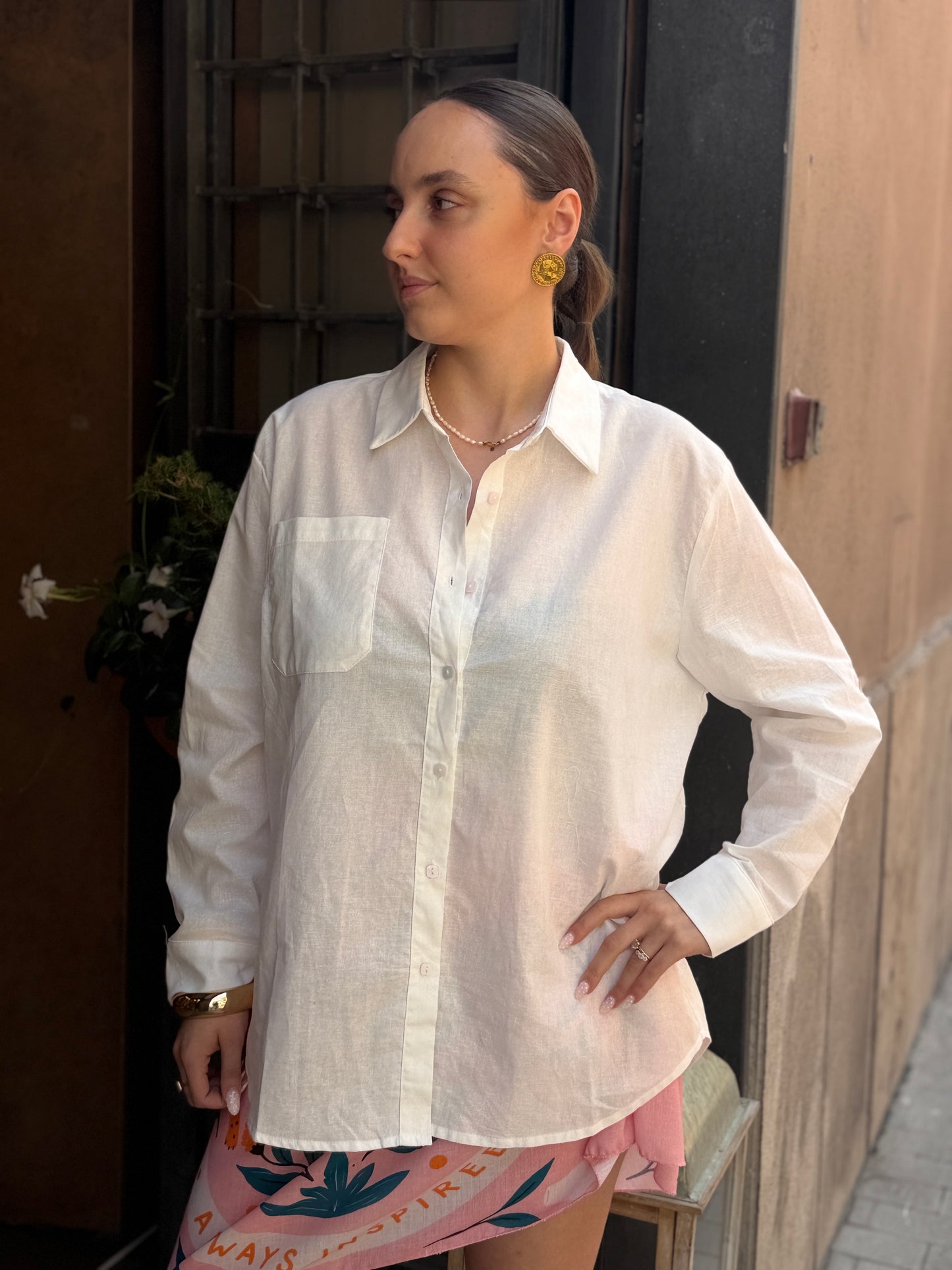 Camicia cotone e lino GESSO/ CIELO