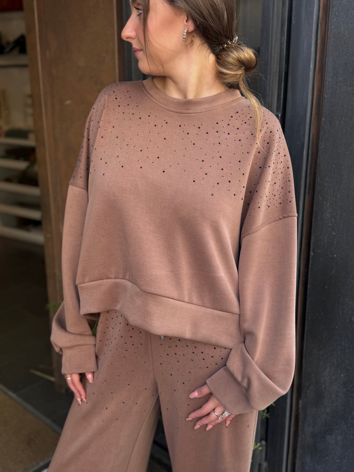 Felpa in modal con strass BEIGE