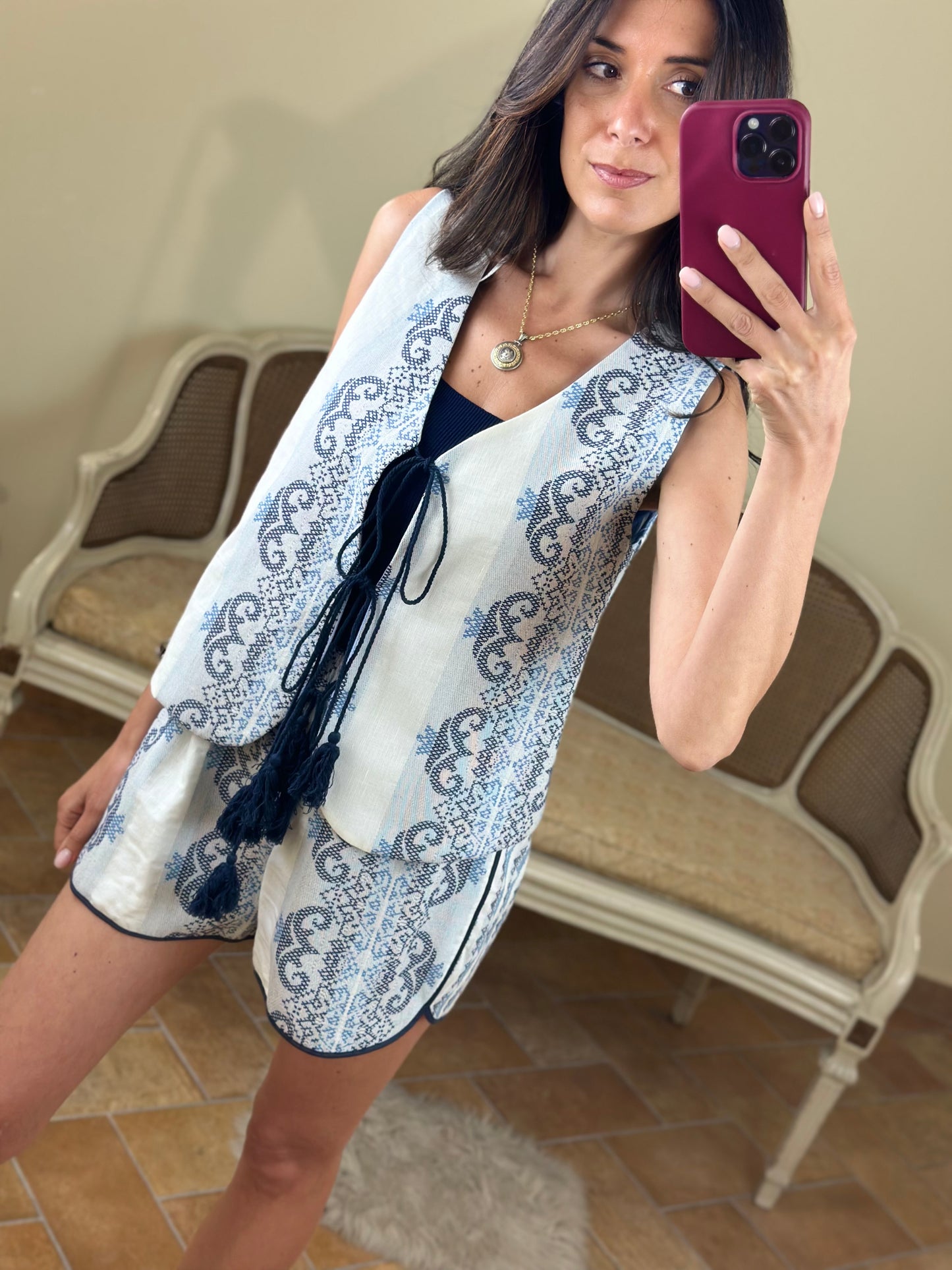 Tensione in Gilet fantasia e nappine BIANCO/BLU/CELESTE