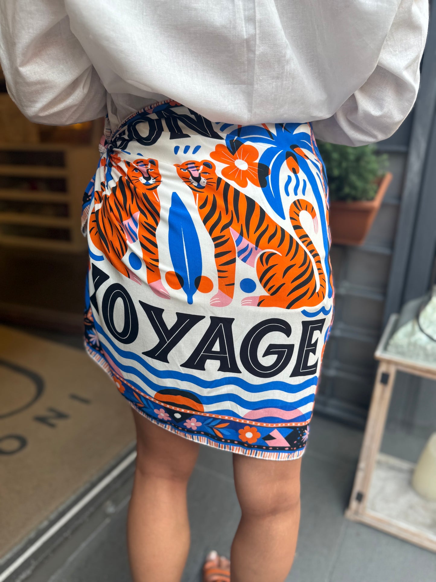 Gonna pareo corta"BON VOYAGE" blu/arancio