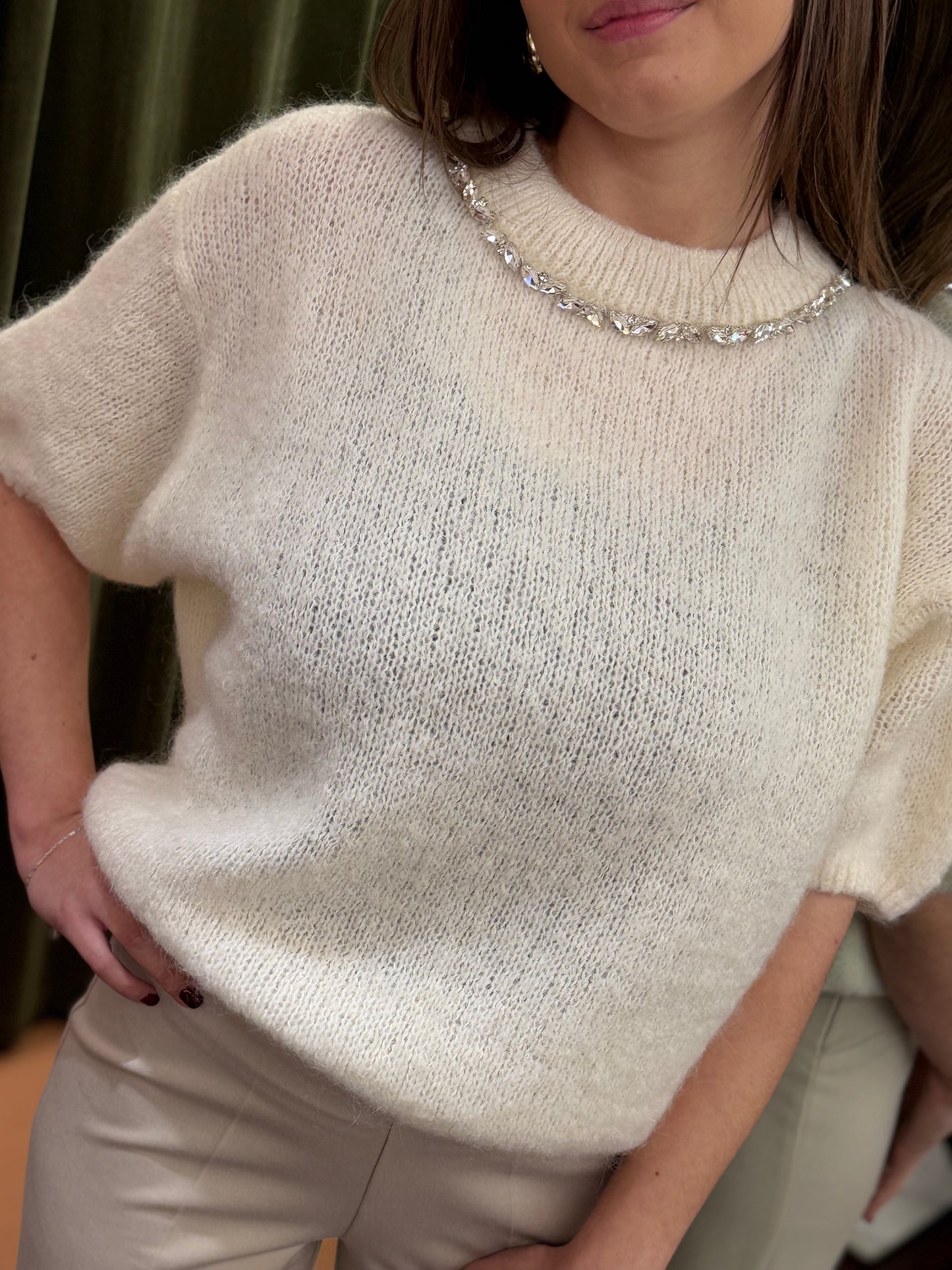 Maglia con girocollo cristalli PANNA