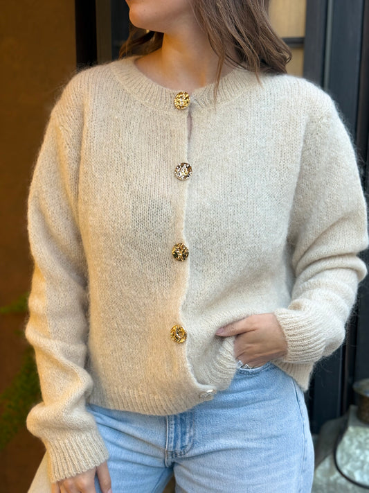 Cardigan DENISE paricollo con bottoni gioiello oro BURRO