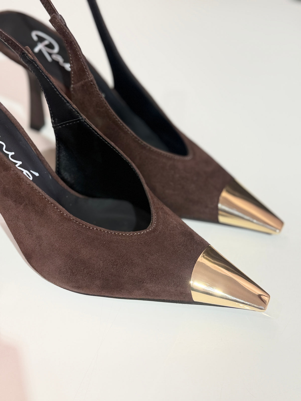 Slingback in camoscio MORO con puntale ORO