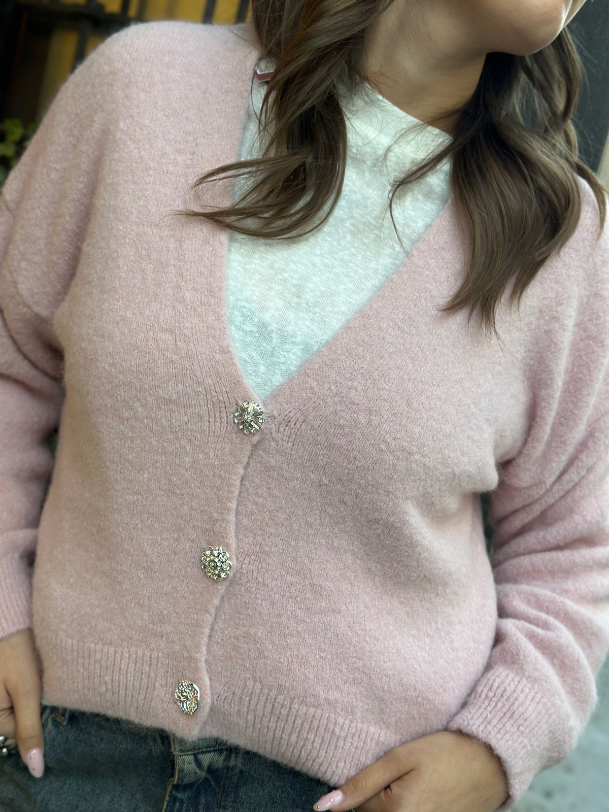 Cardigan alpaca con bottone gioiello (disp.in più colori)