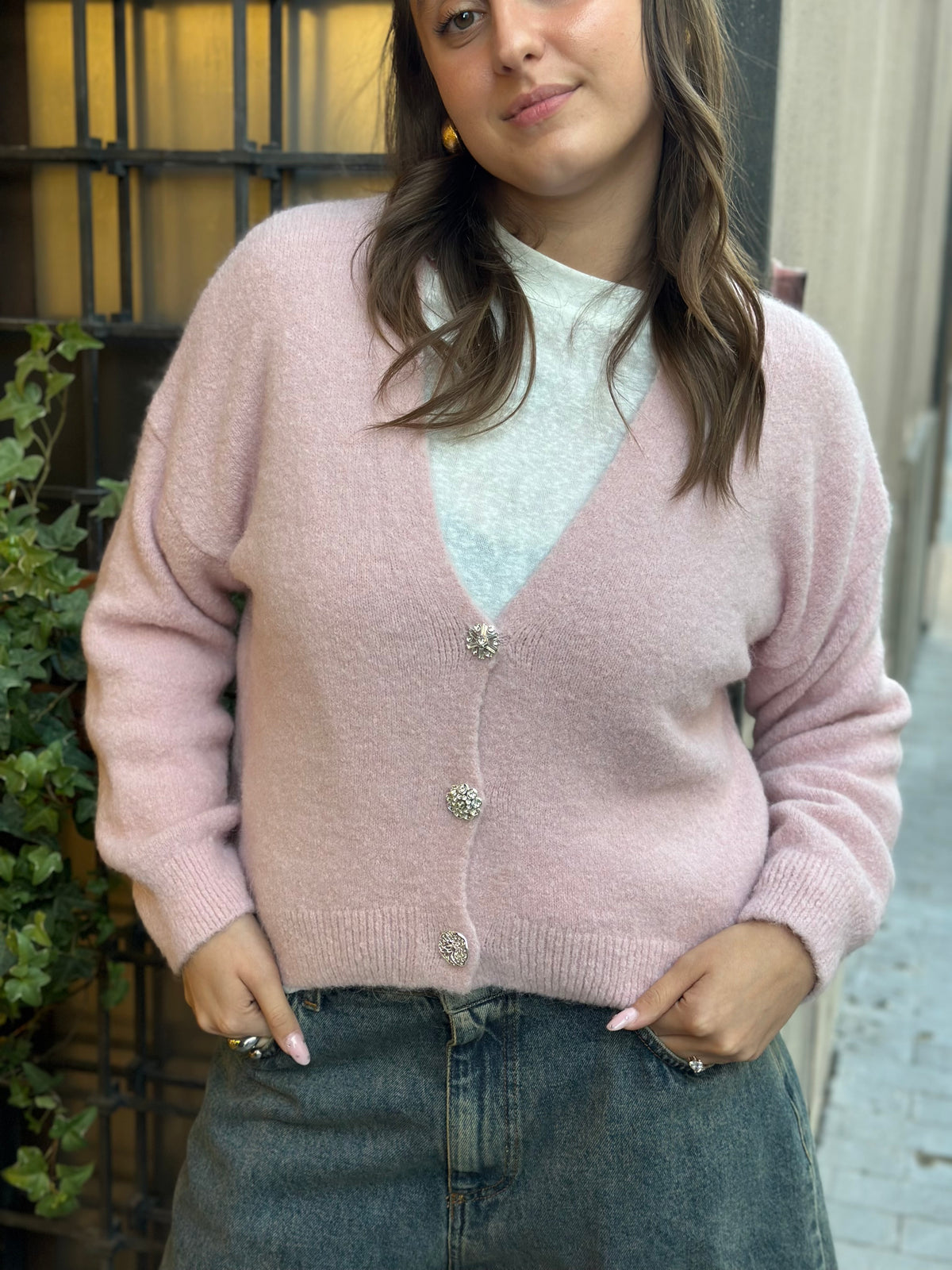 Cardigan alpaca con bottone gioiello (disp.in più colori)