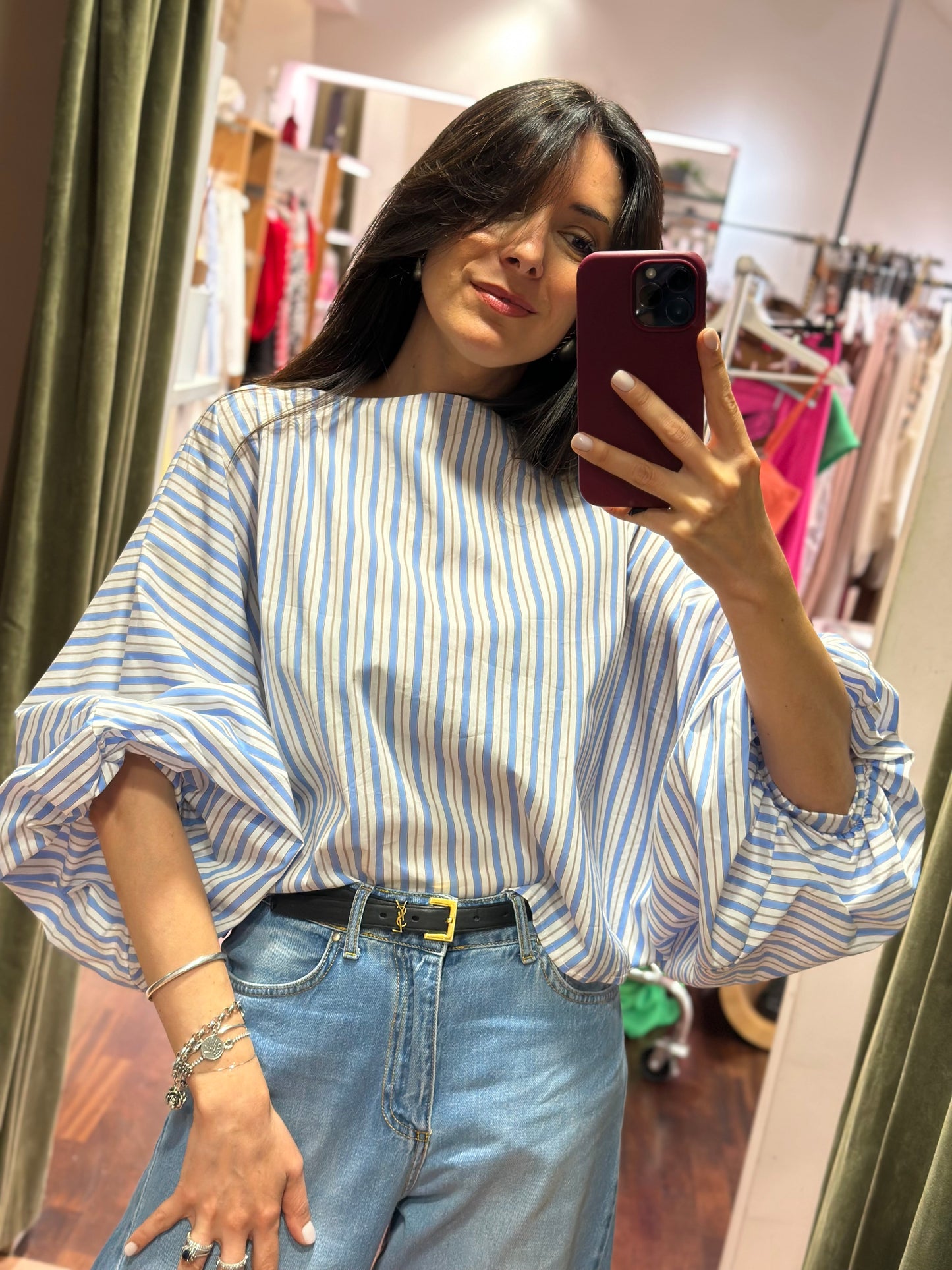 Blusa INES a righe bianco/celeste manica a palloncino