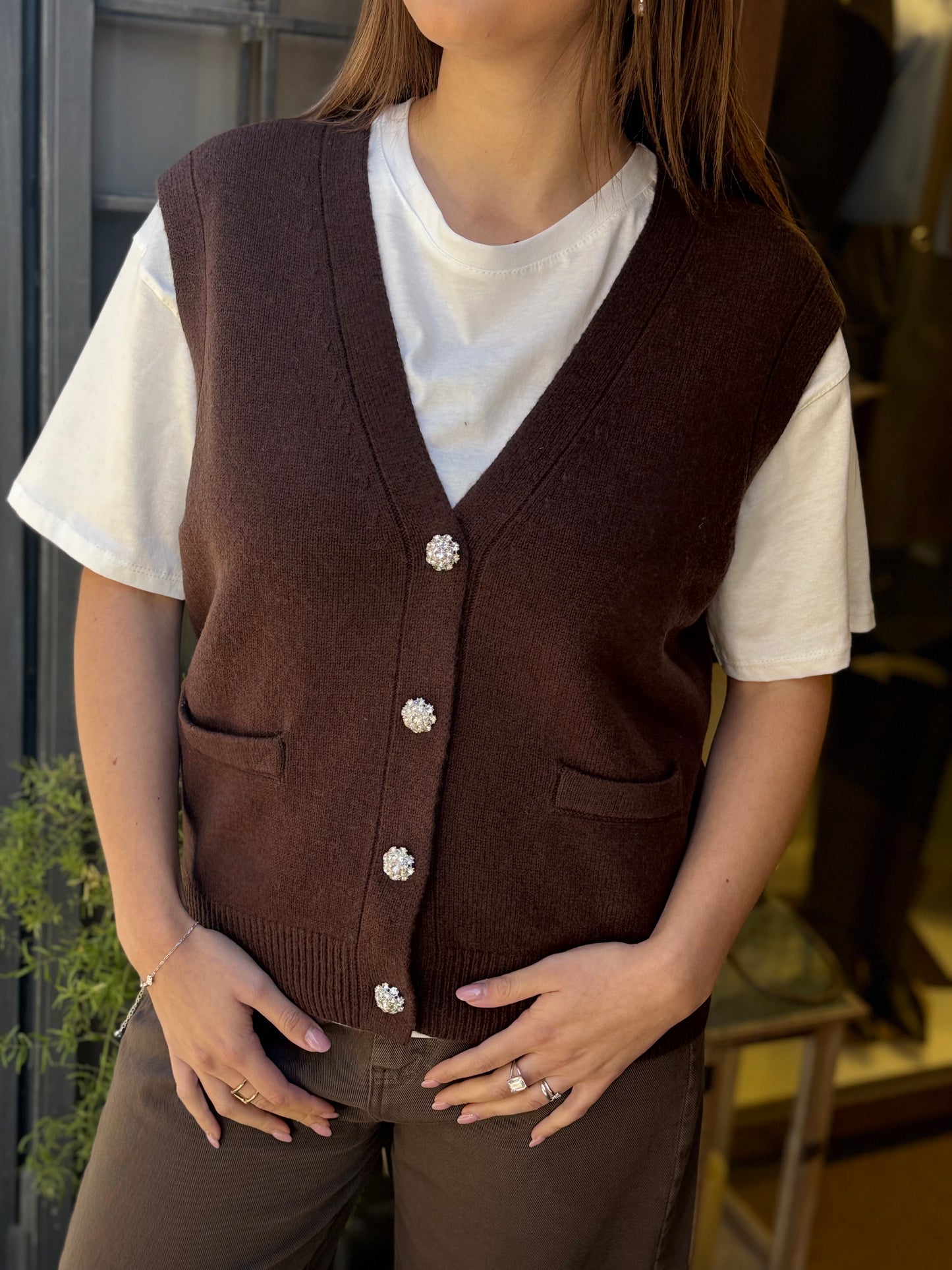 Gilet CELINE bottoni gioiello scollo a V CIOCCOLATO