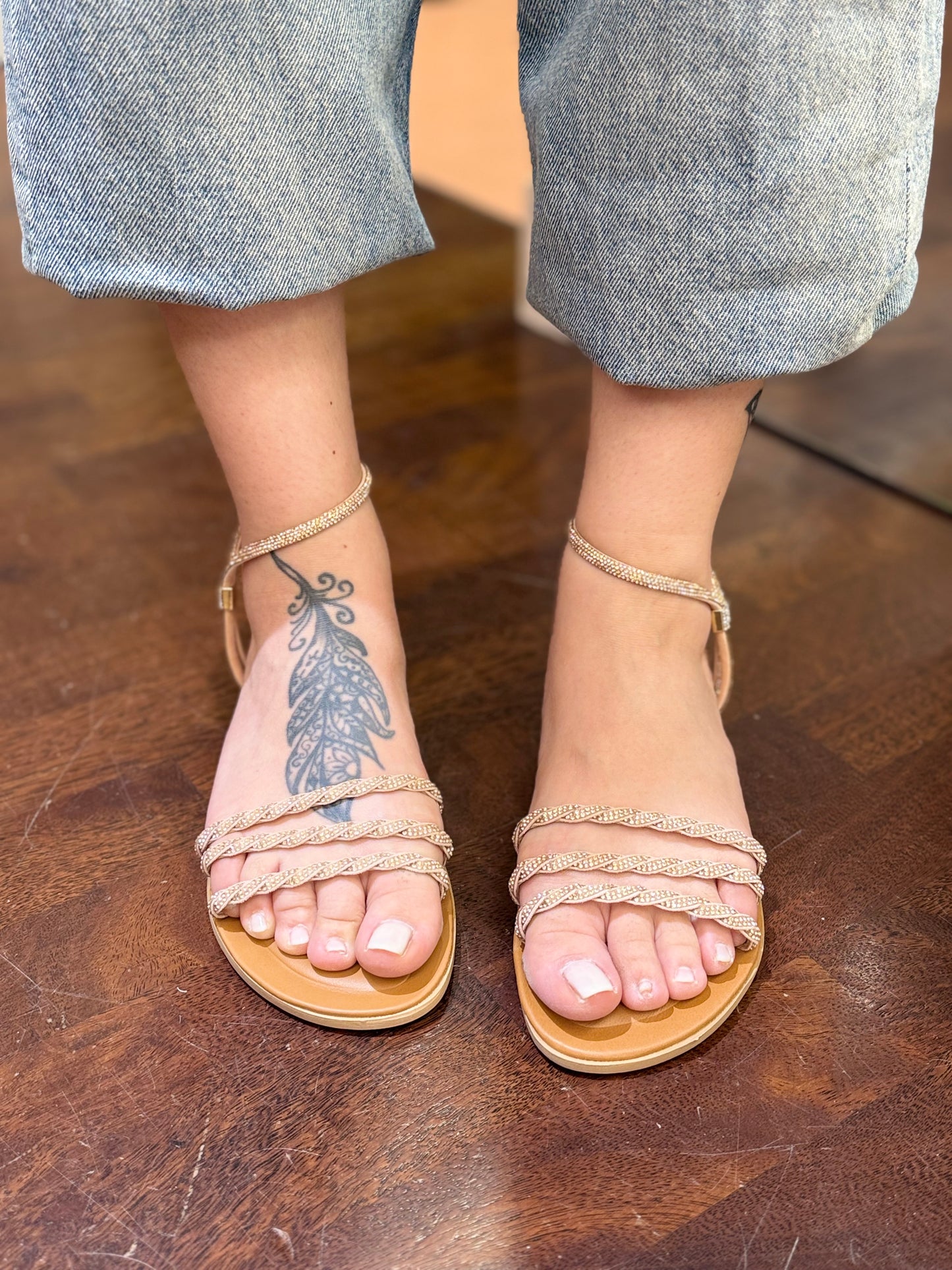 Donna Toscana Sandalo flat con cavigliera e strass rose gold