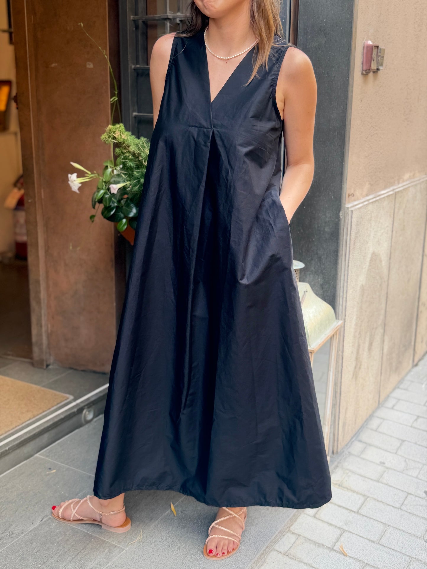 Abito lungo Maxi piega Nero e Burro