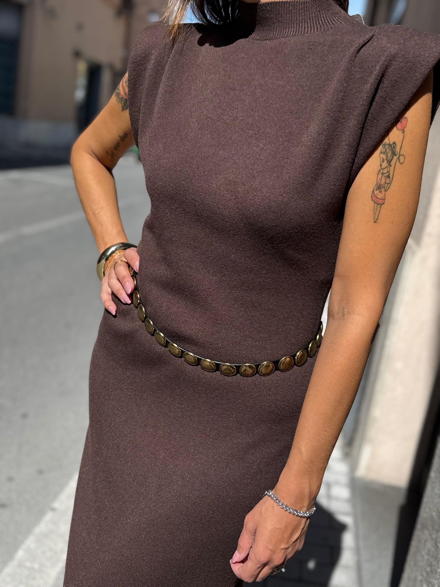 Abito lungo in maglina con spalline imbottite MORO