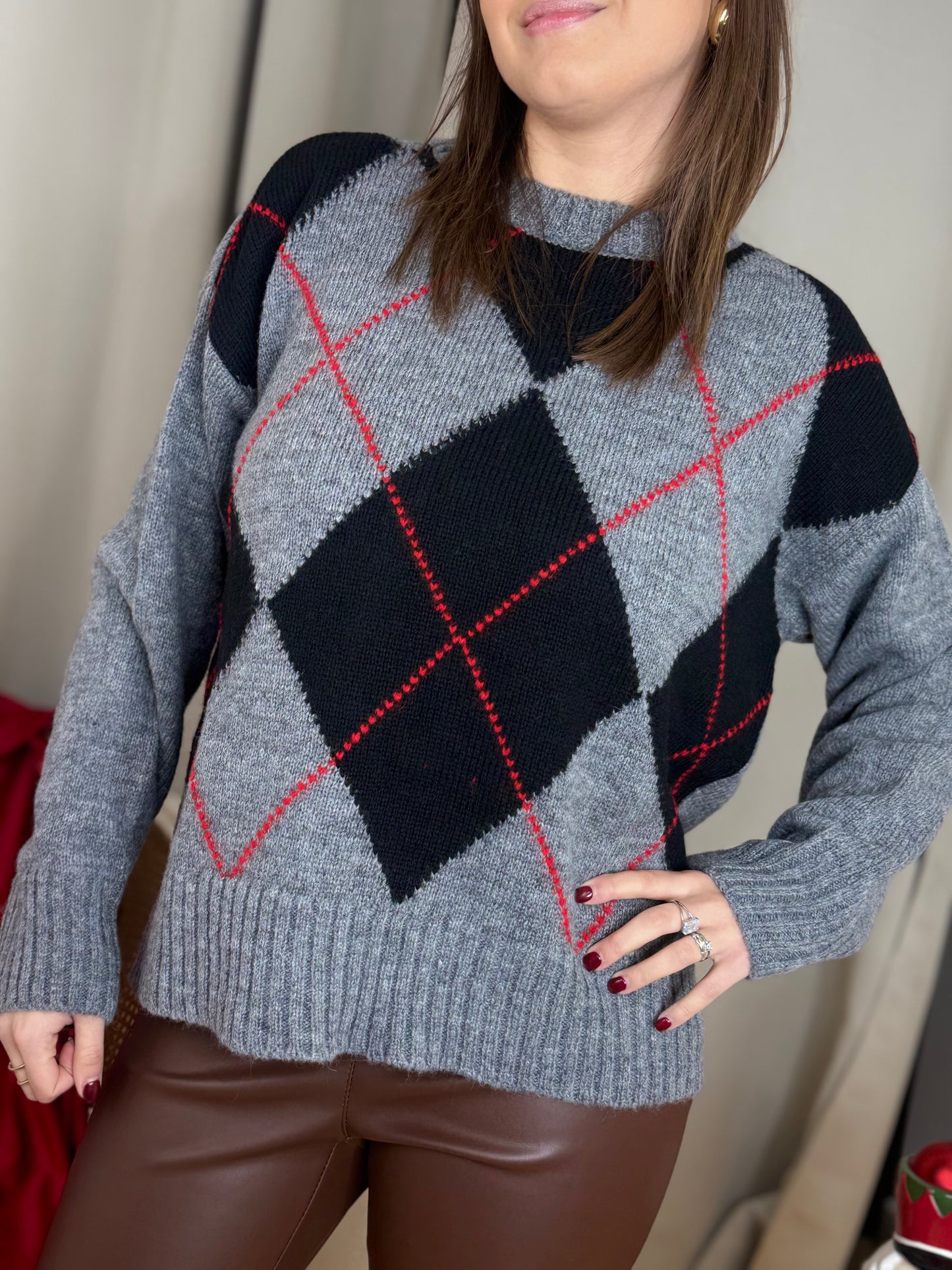 Tensione In maglia in lana rombi NERO/GRIGIO/ROSSO