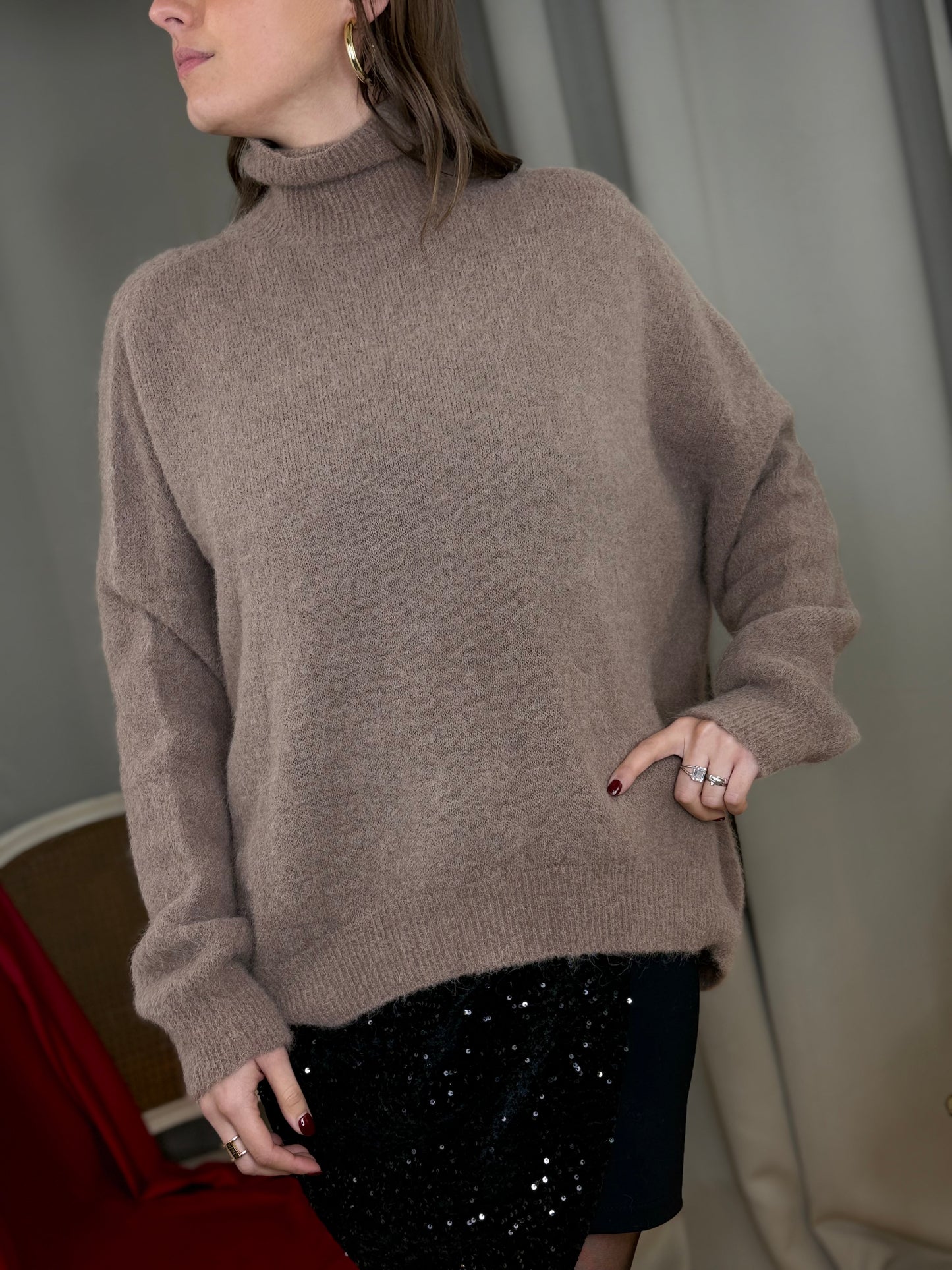 Maglia collo rialzato in baby alpaca CAMEL