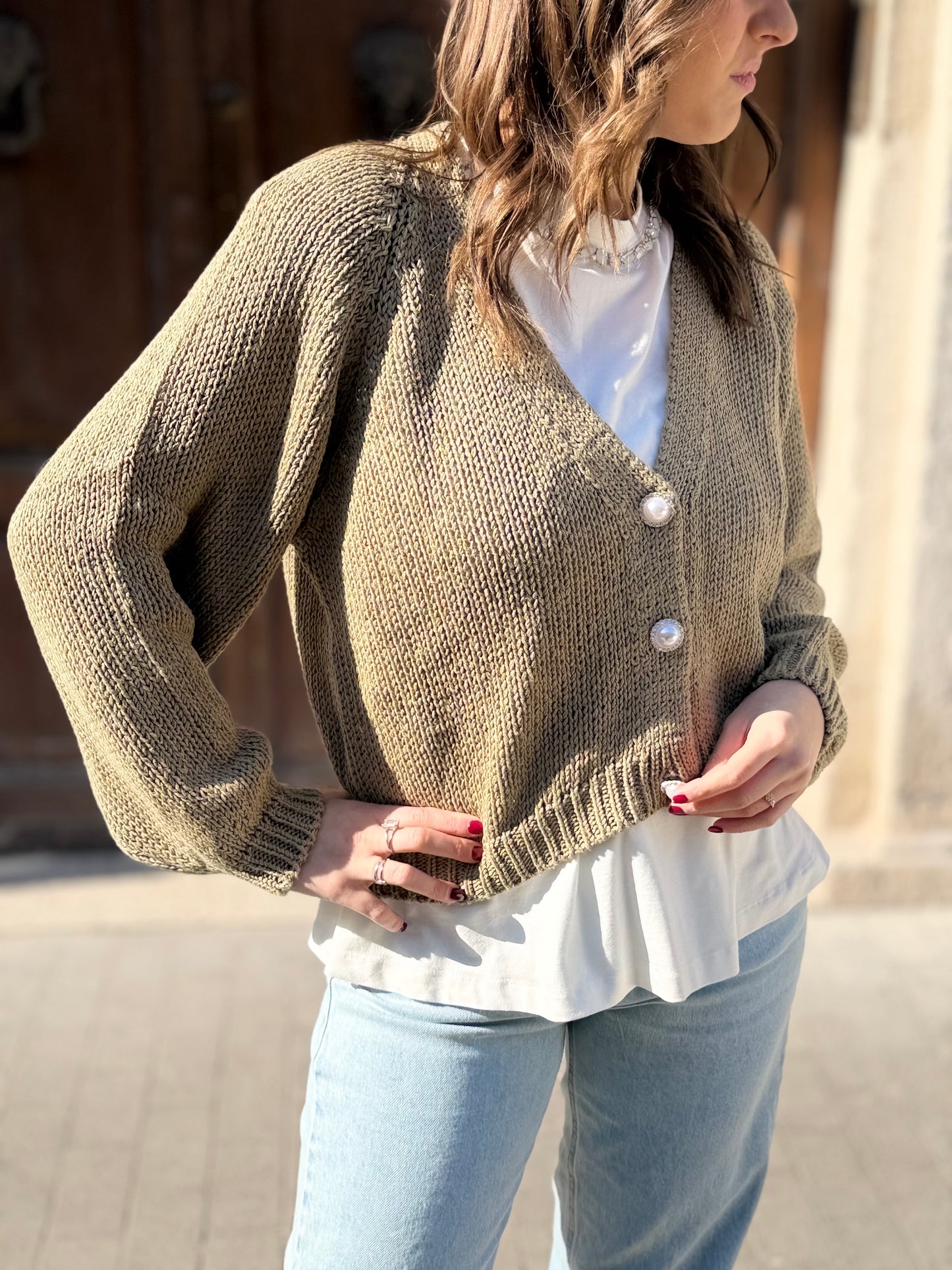 Haveone Cardigan bottone gioiello KAKI