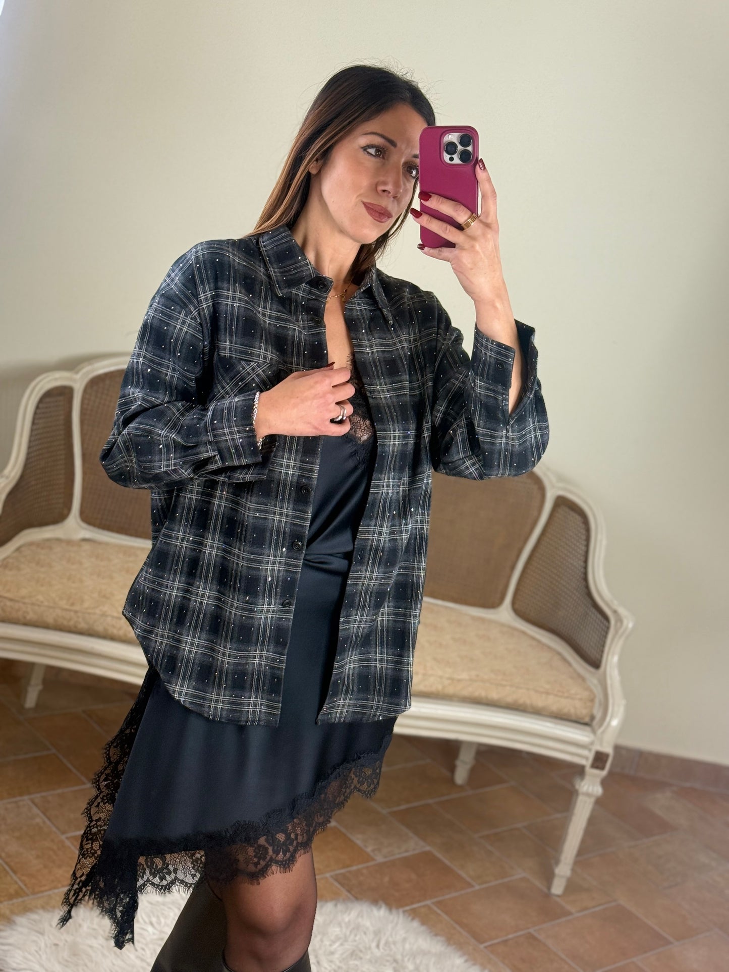 Camicia JOY quadri con punti luce NERO/BIANCO