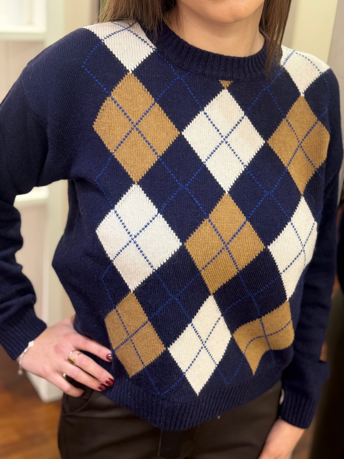 Tensione In Maglia paricollo rombi BLU/CAMEL/PANNA