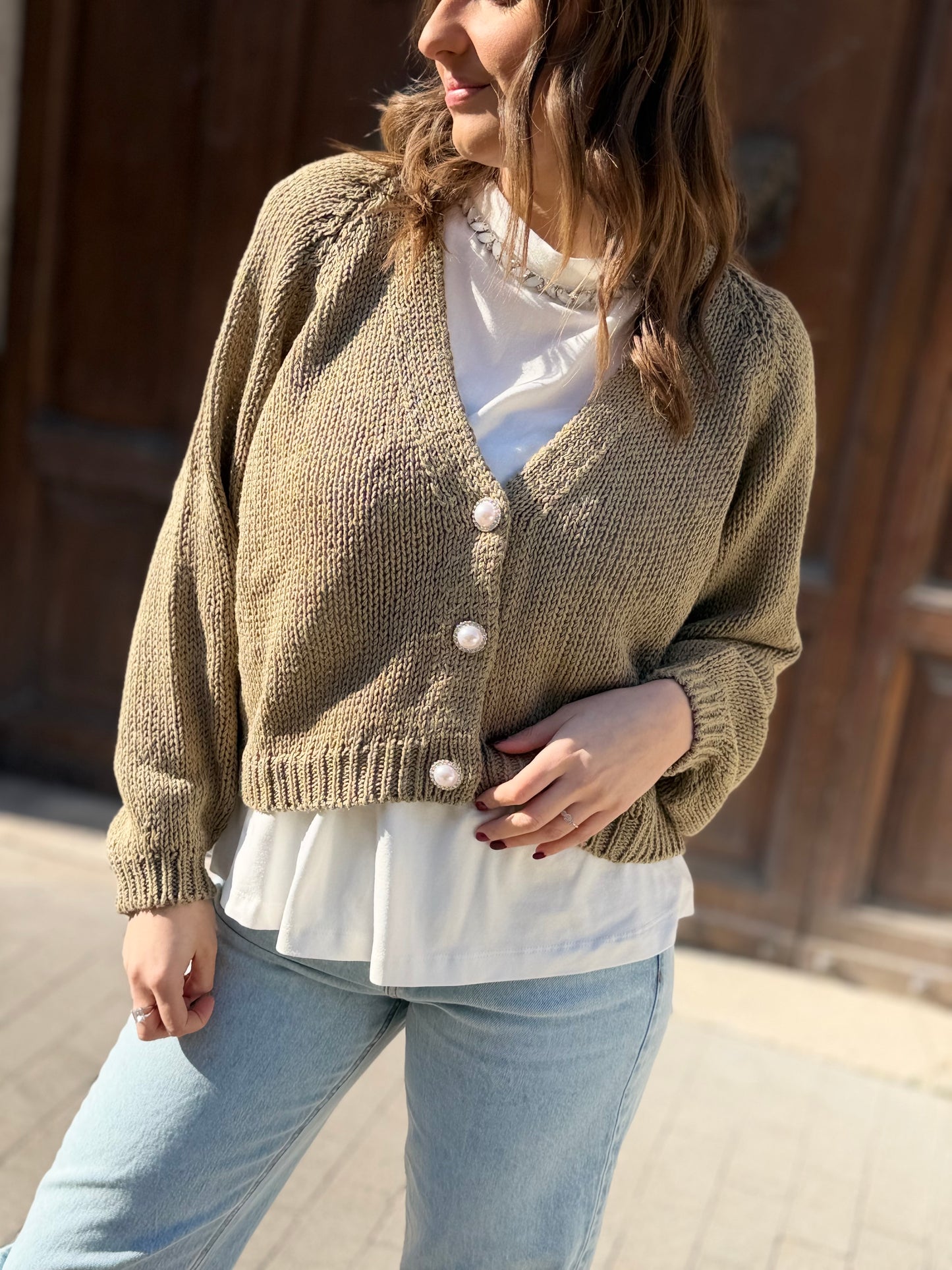 Haveone Cardigan bottone gioiello KAKI