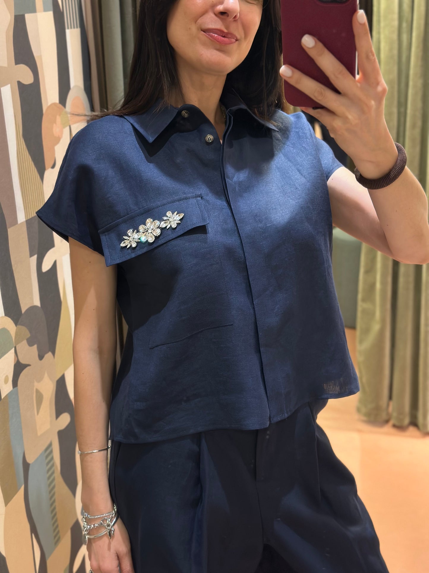 Tensione In - Camicia in lino taschino gioiello Blu