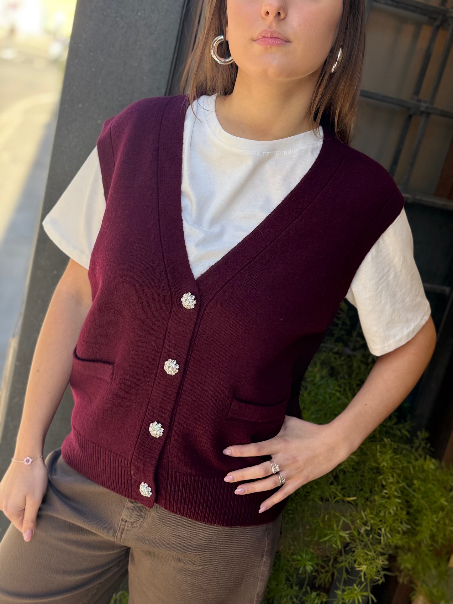 Gilet CELINE bottoni gioiello scollo a V BORDEAUX