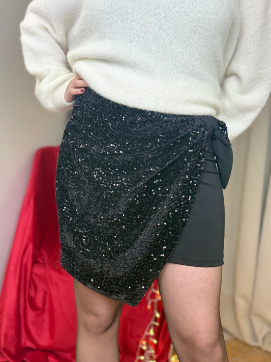 Mini gonna con pannello in velluto e paillettes NERO