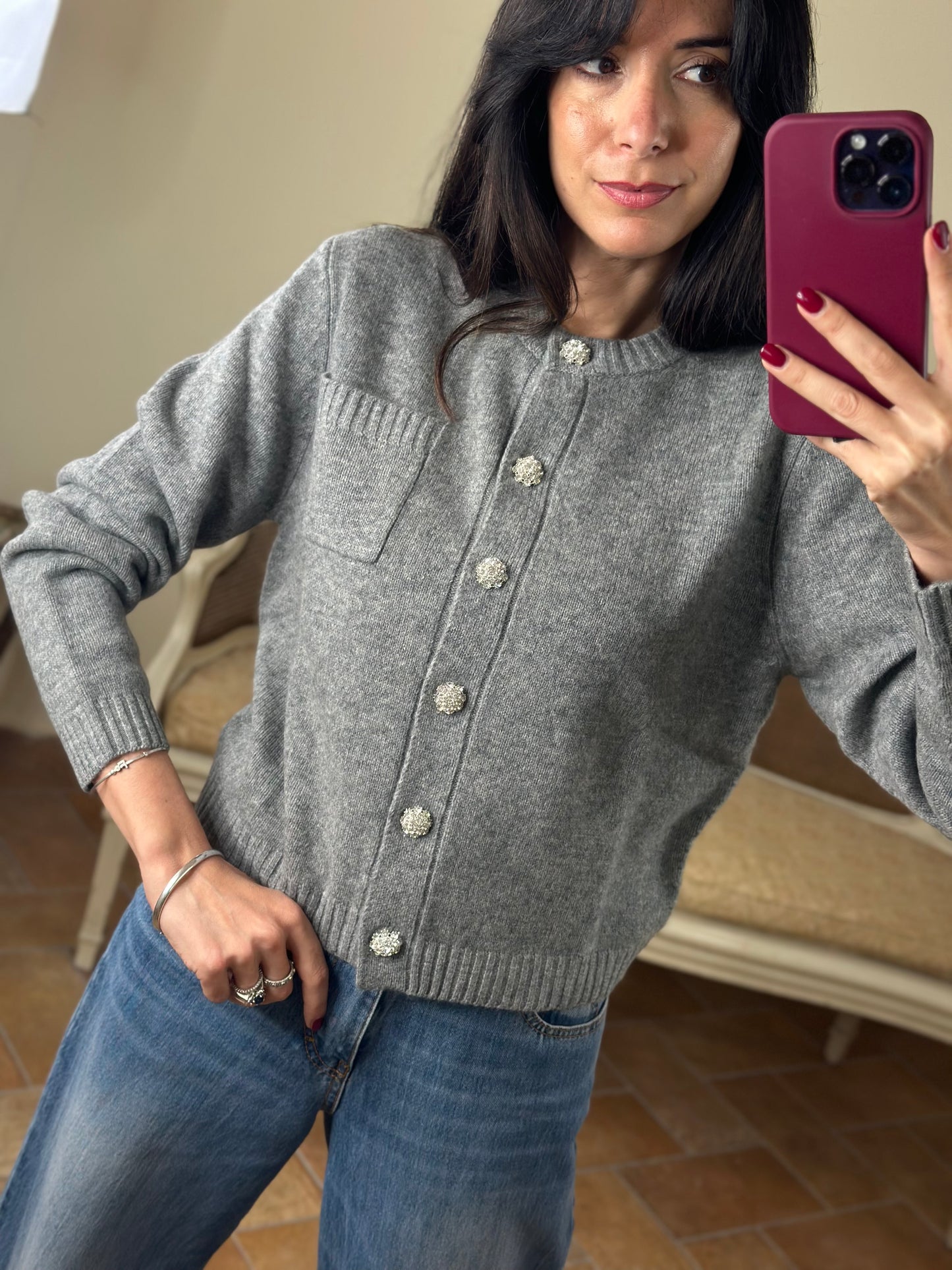 Cardigan GIORGIA con bottoni gioiello misto cashmere GRIGIO