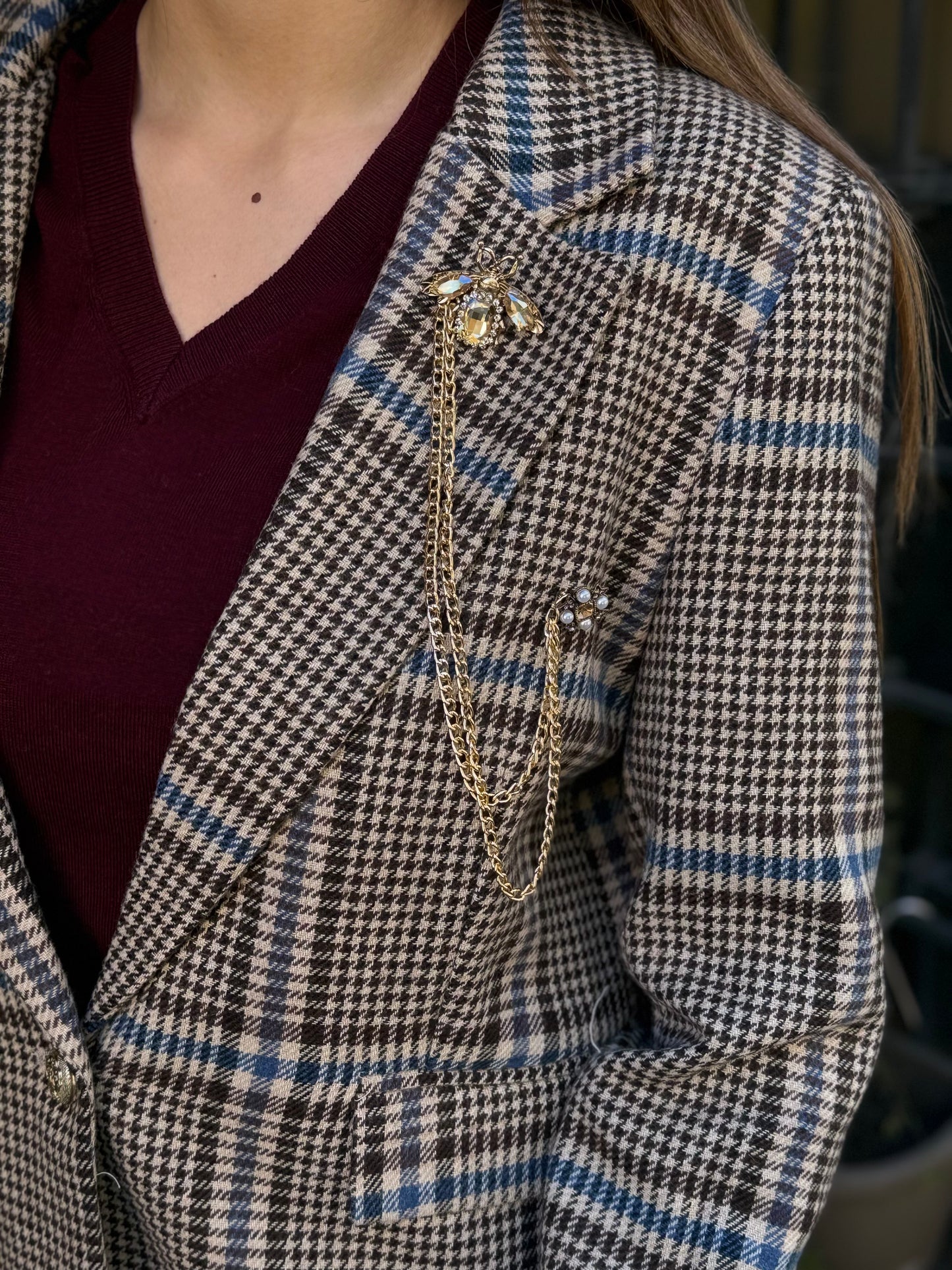 Tensione In Giacca check MORO/CELESTE con spille catena