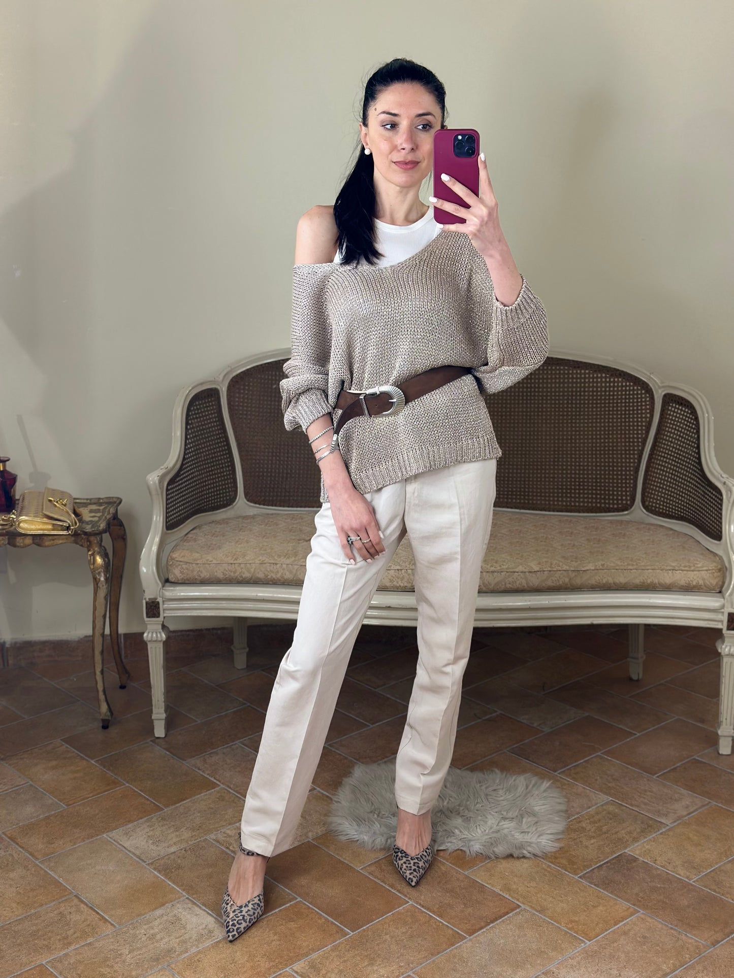 Pantalone sigaretta in viscosa e lino BEIGE