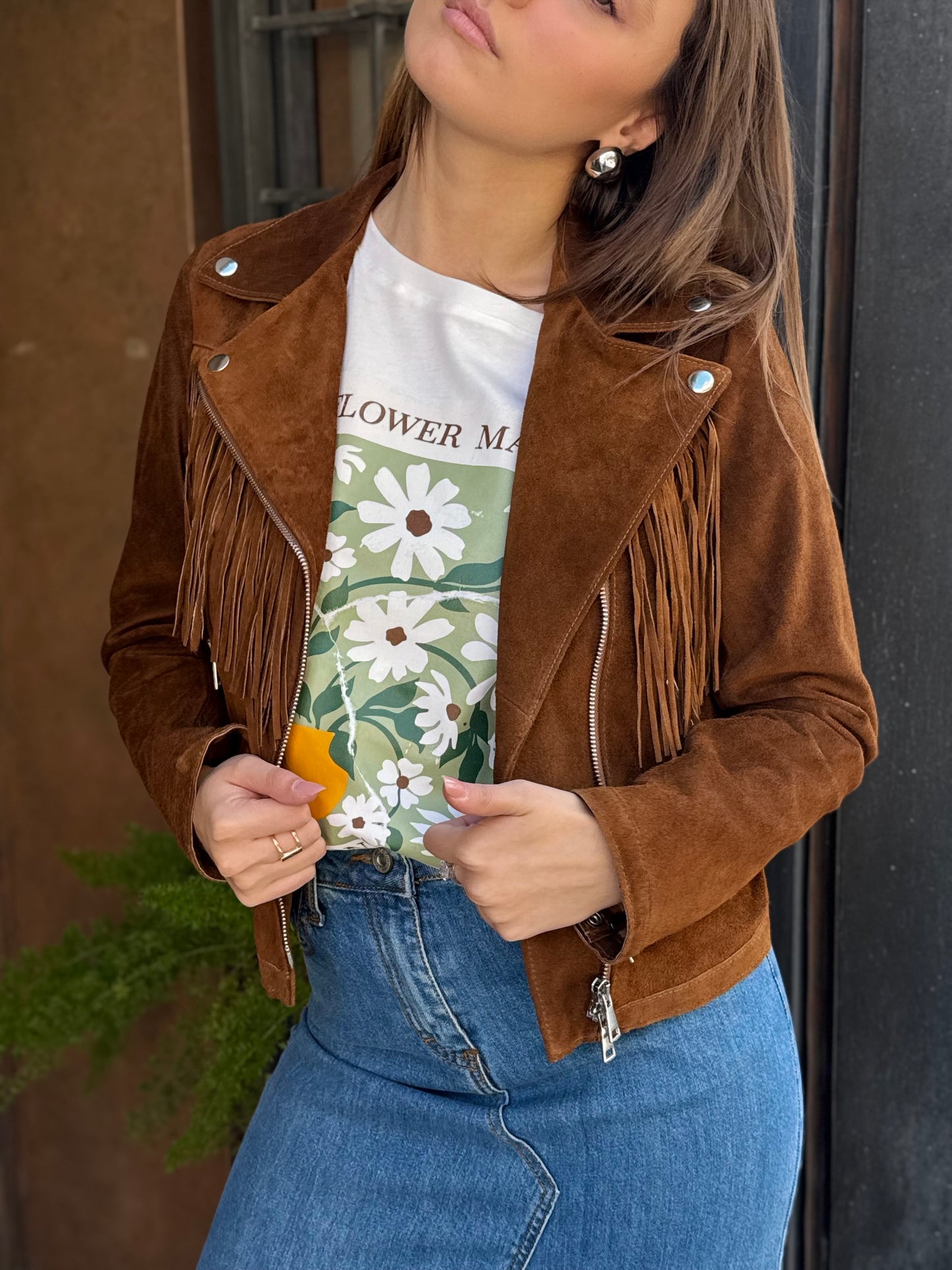 Chiodo in VERA PELLE con frange COGNAC