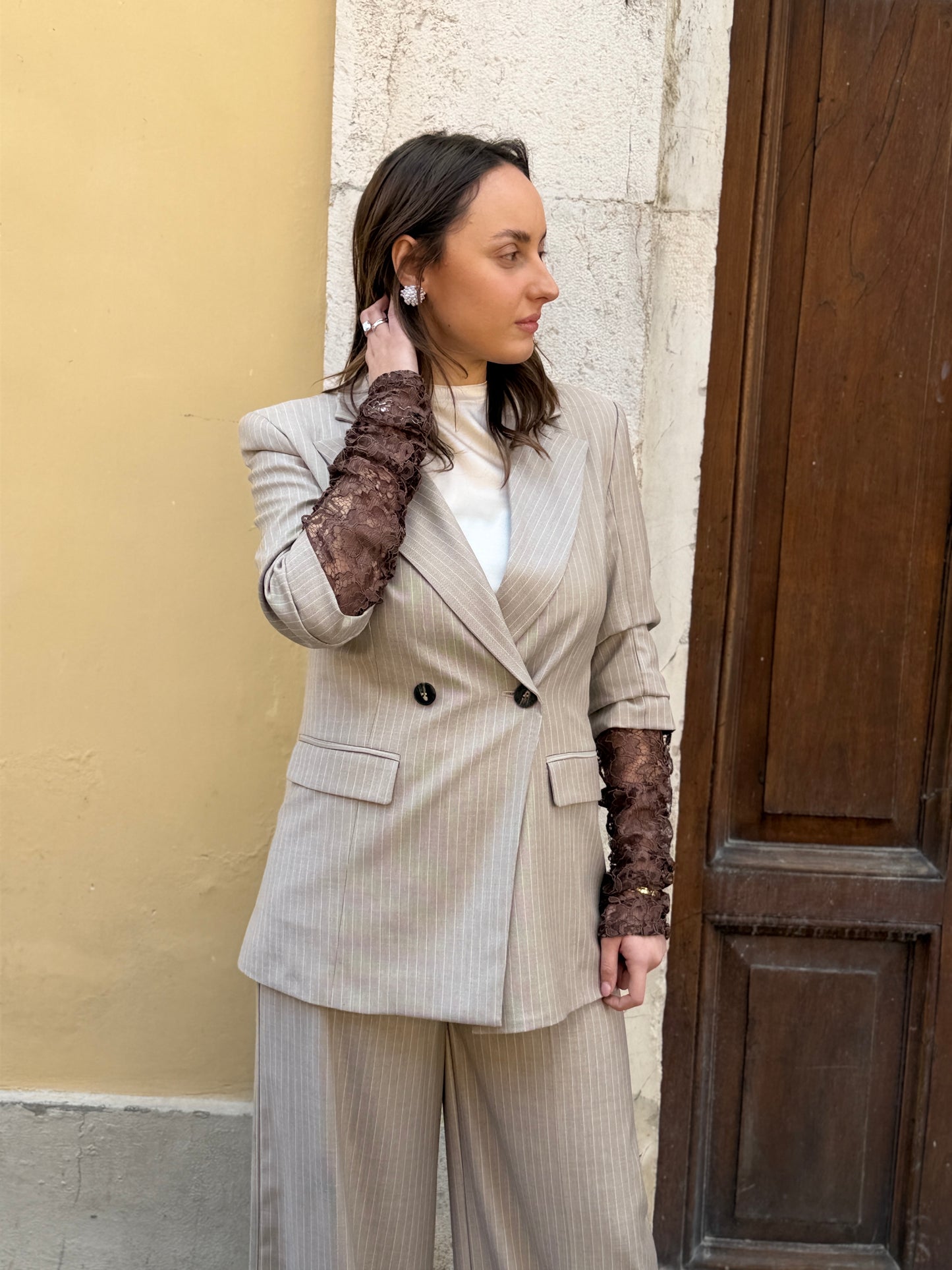 Haveone Giacca gessata pizzo moro