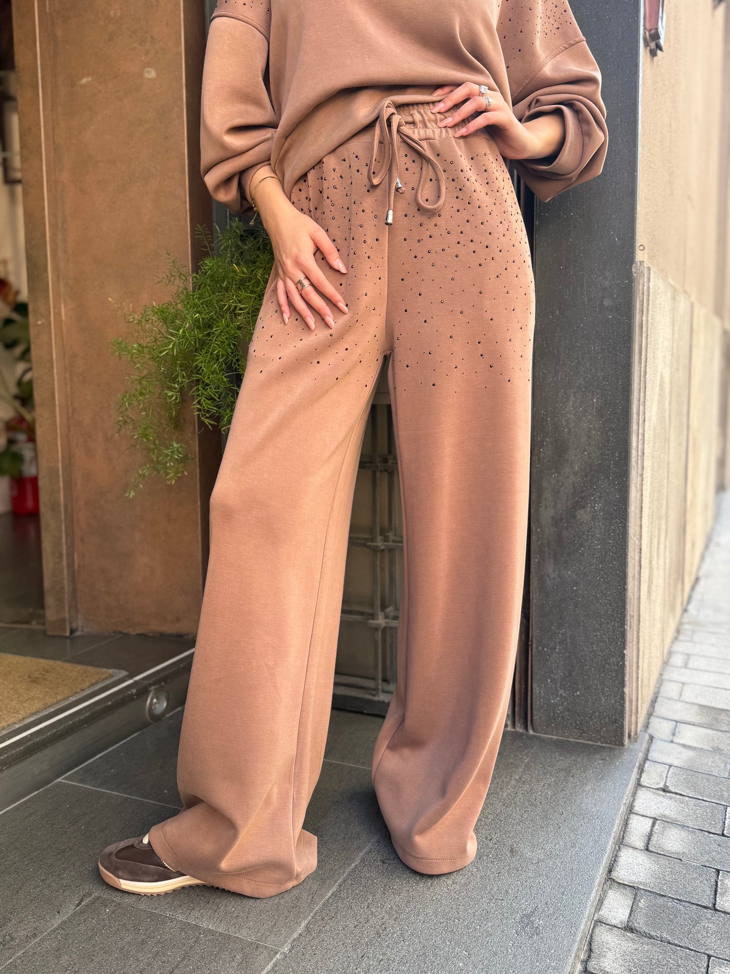 Pantalone a palazzo in modal con strass BEIGE