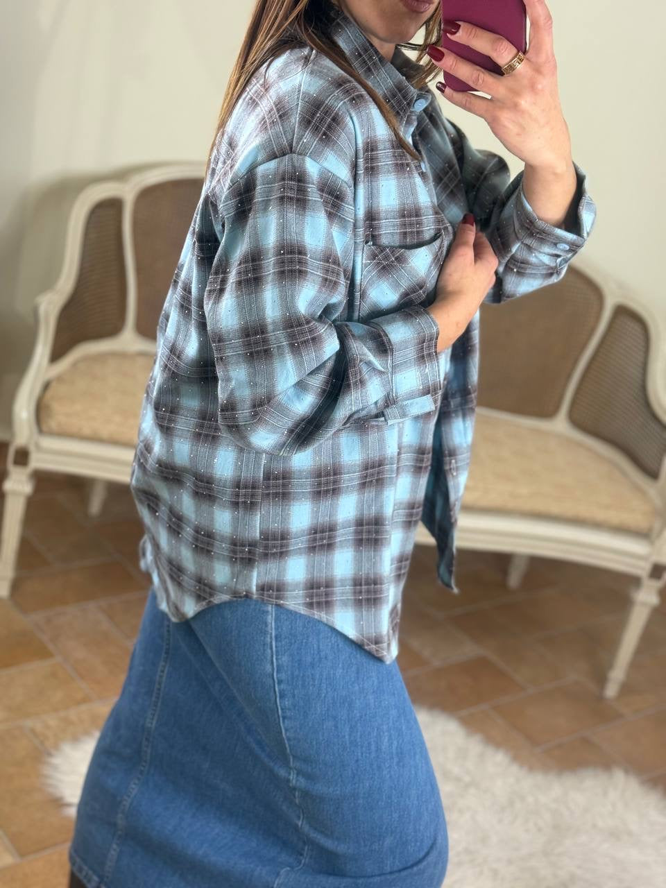 Camicia JOY quadri con punti luce CELESTE/MORO