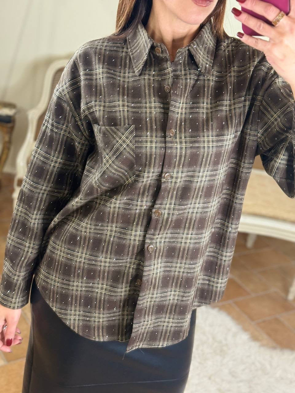 Camicia JOY quadri con punti luce MORO/BEIGE