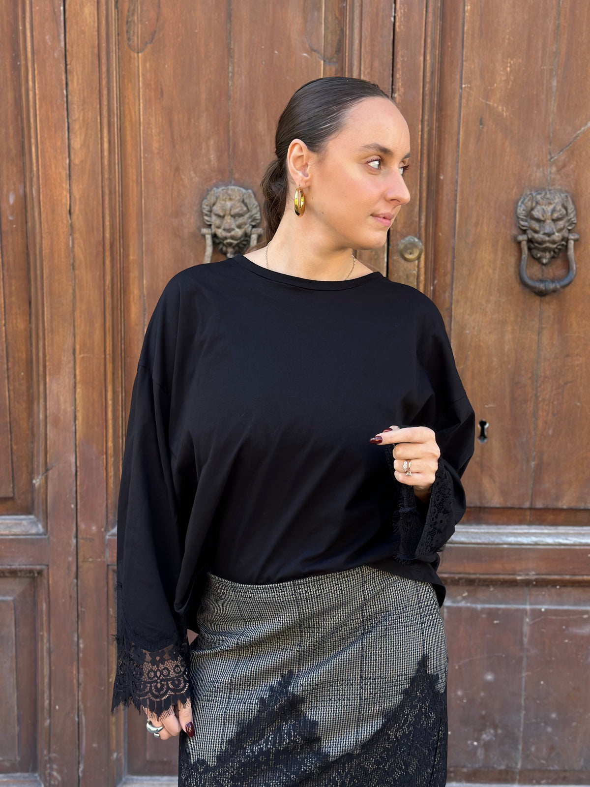 Tensione in T-shirt pizzo NERO/NERO