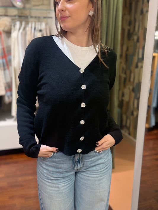 Cardigan a V CARLOTTA con bottoni gioiello NERO