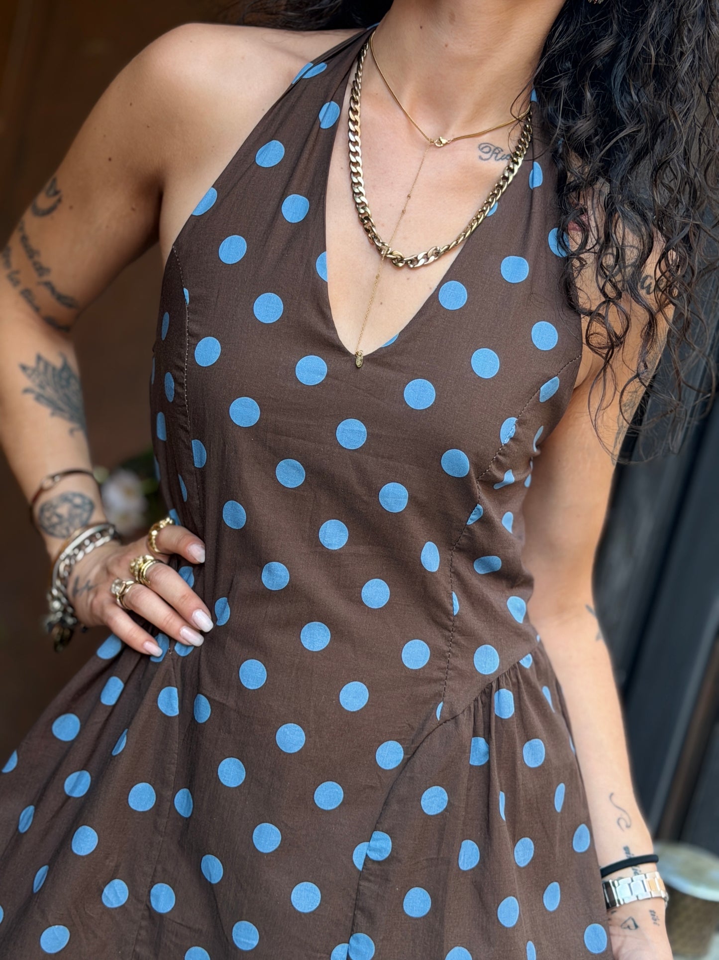 Abito lungo a pois Moro/Denim