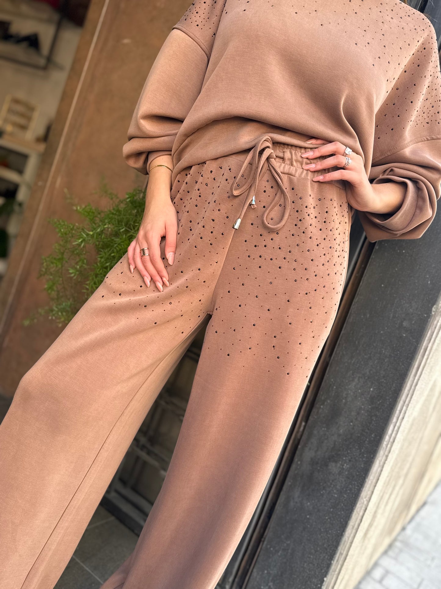 Pantalone a palazzo in modal con strass BEIGE
