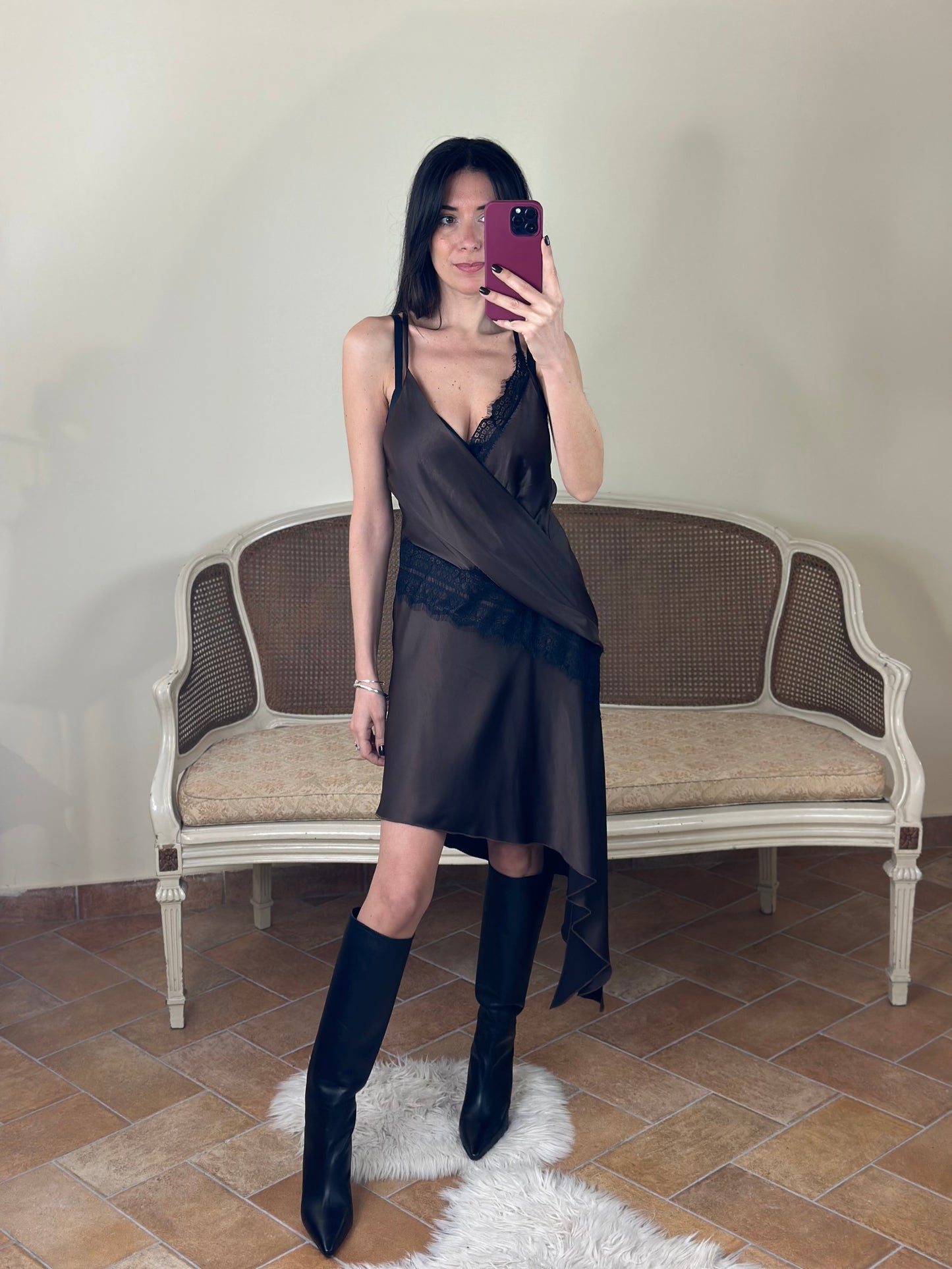 Slip dress satinato MORO con pizzo nero