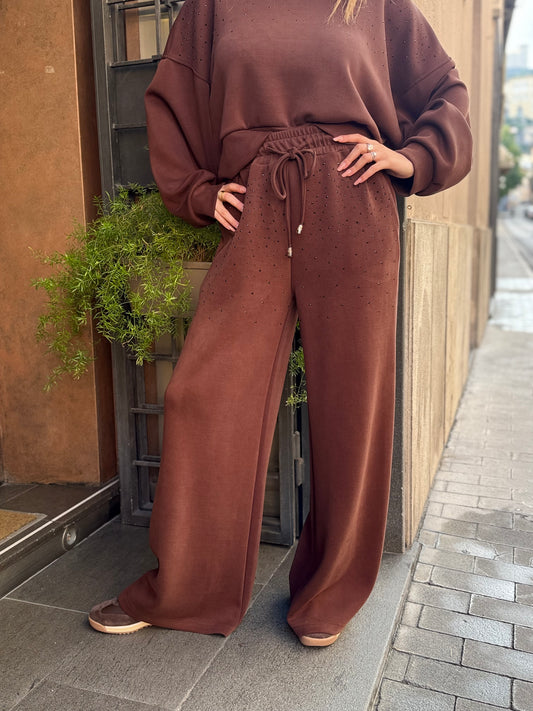Pantalone a palazzo in modal con strass CIOCCOLATO