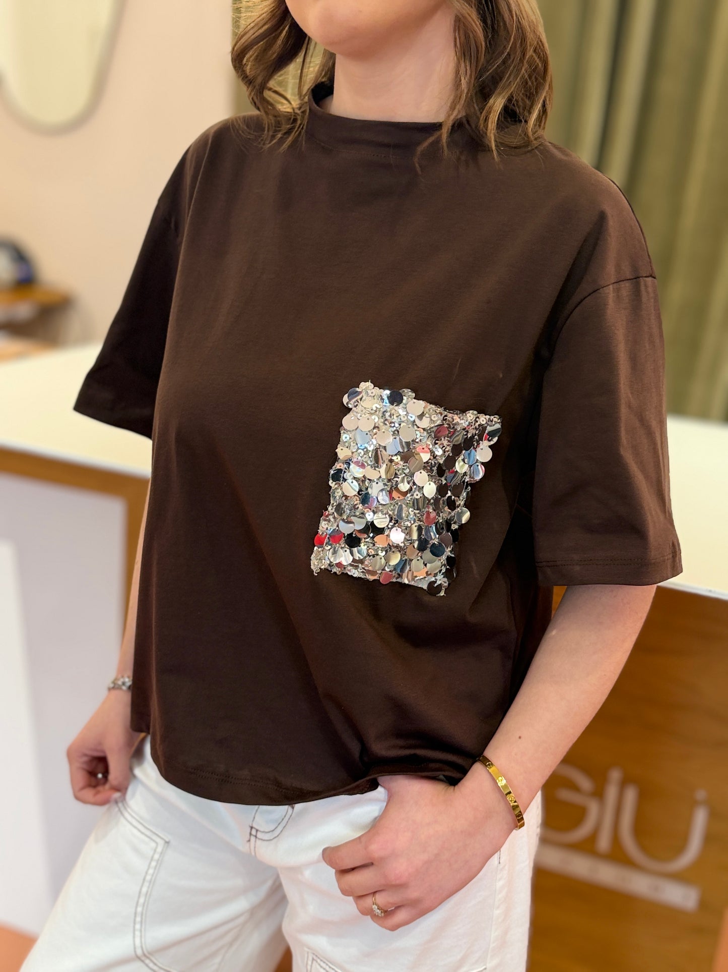 Tensione in T-shirt taschino paillettes Moro