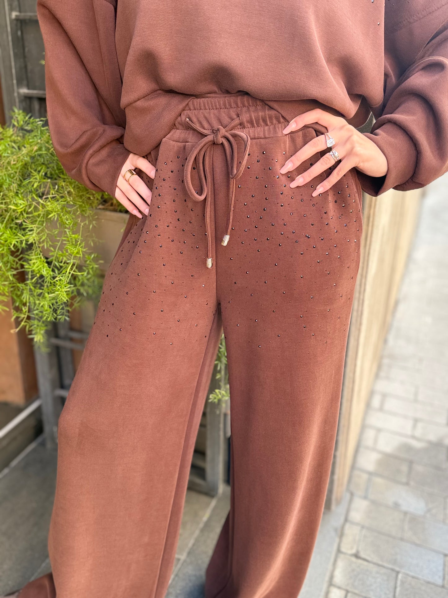 Pantalone a palazzo in modal con strass CIOCCOLATO