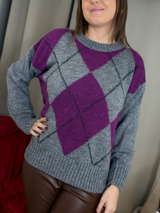 Tensione In maglia in lana rombi GRIGIO/LILLA/NERO