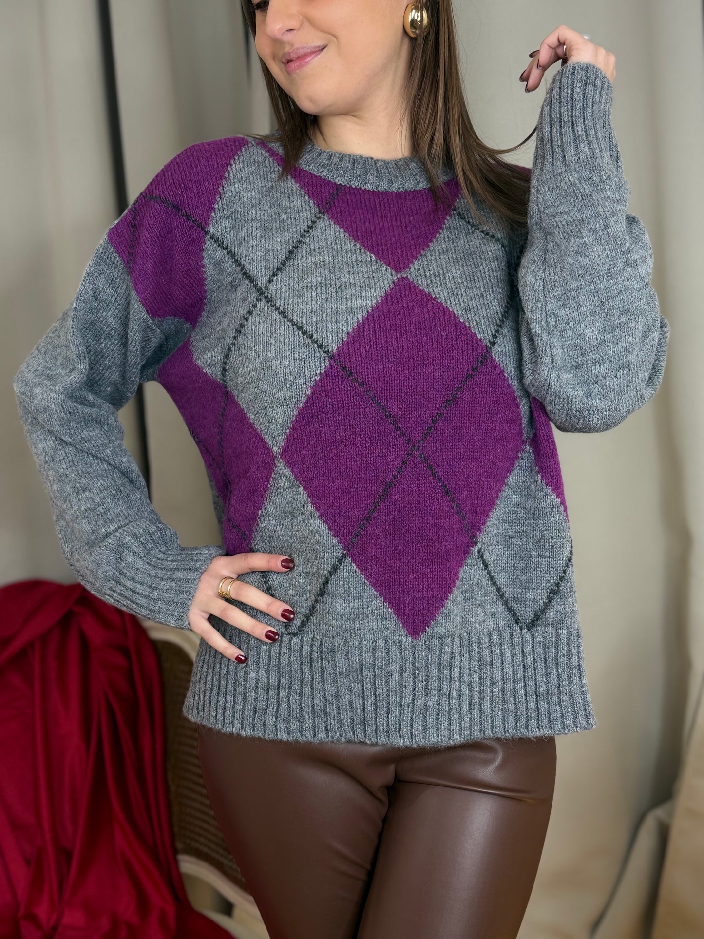 Tensione In maglia in lana rombi GRIGIO/LILLA/NERO