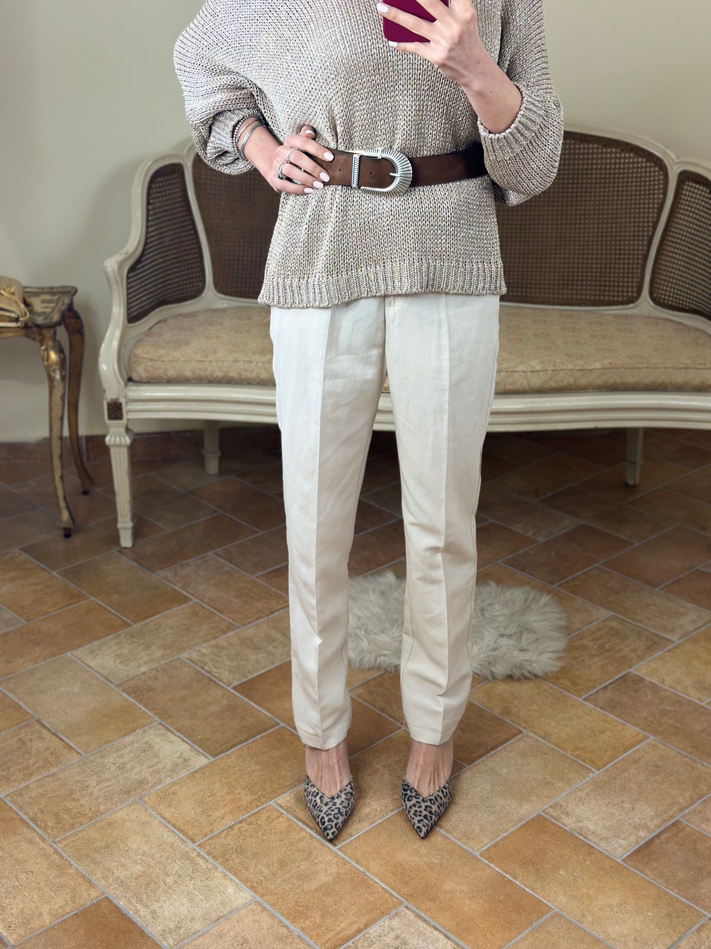 Pantalone sigaretta in viscosa e lino BEIGE