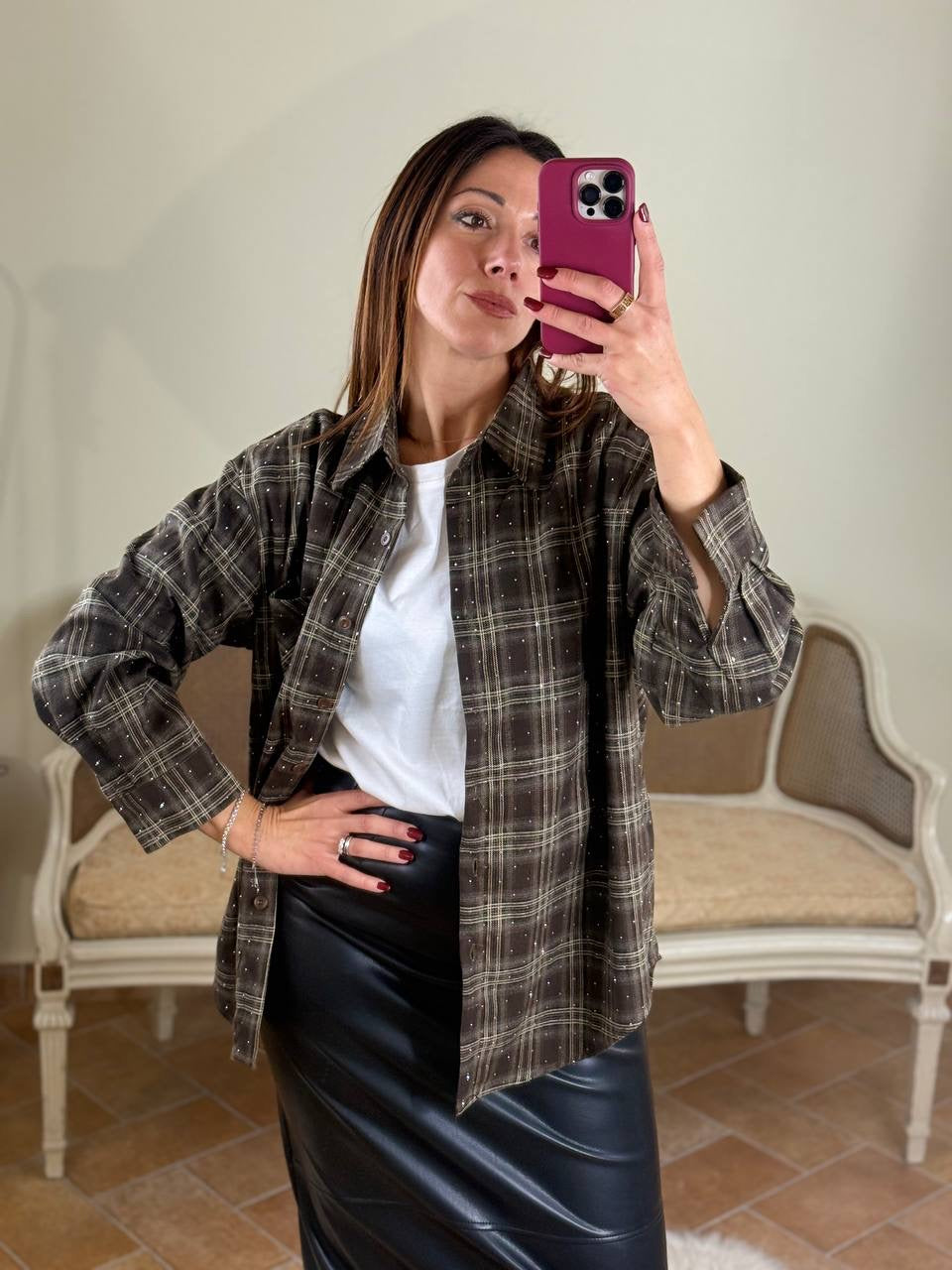 Camicia JOY quadri con punti luce MORO/BEIGE