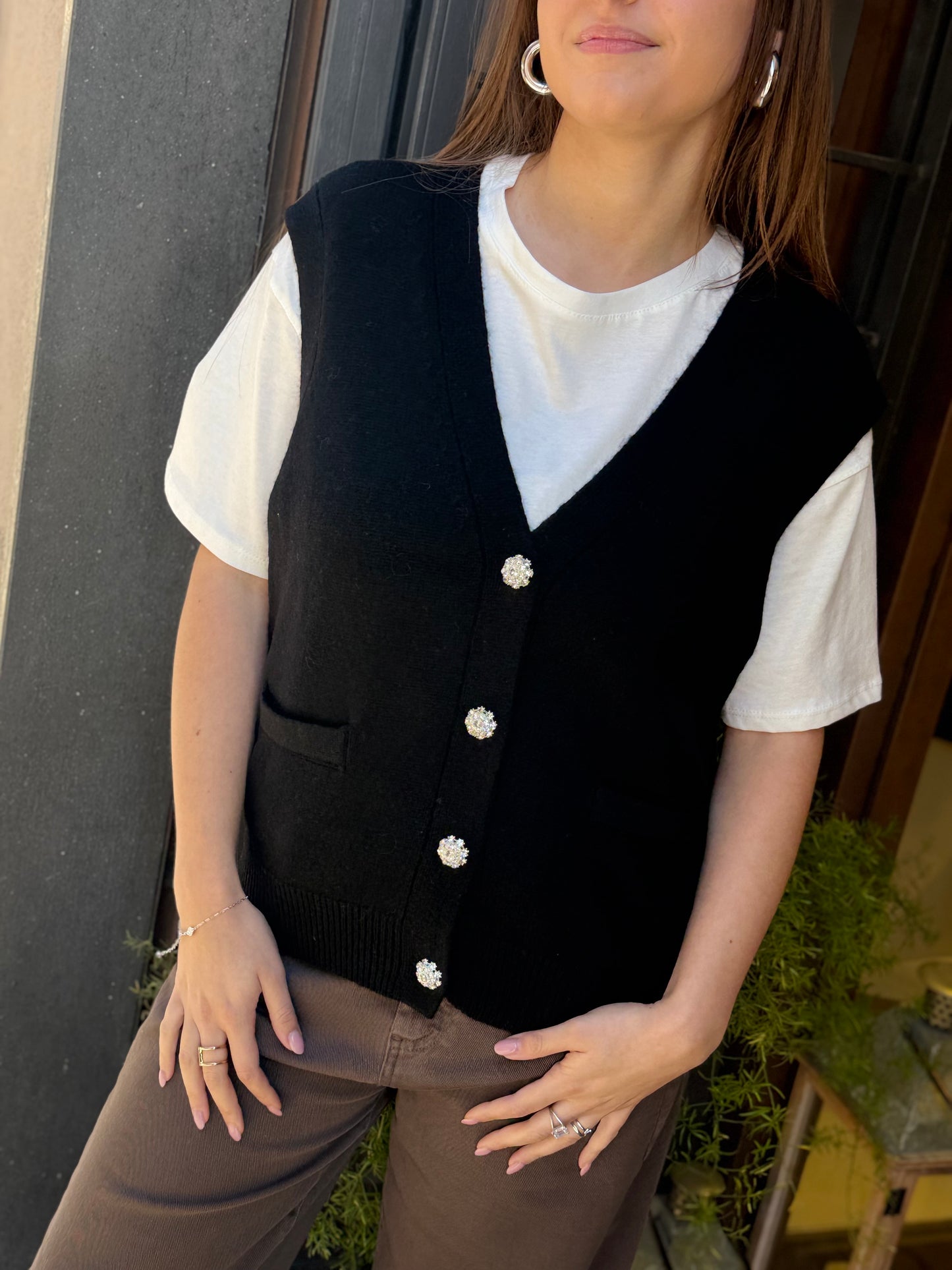 Gilet CELINE bottoni gioiello scollo a V NERO