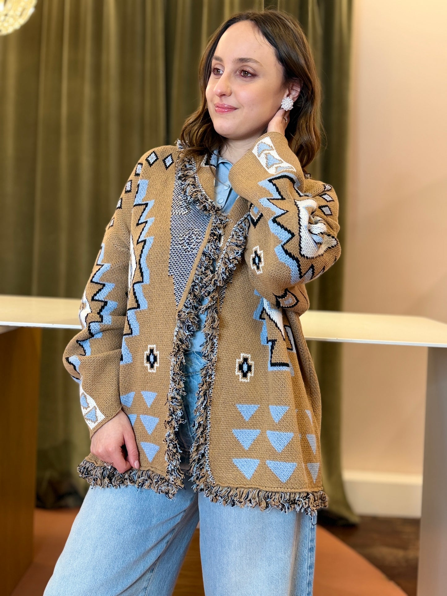 Tensione in cardigan rombo con frange CAMEL/AZZURRO/BURRO
