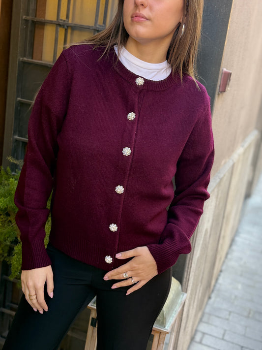 Cardigan GIOIA girocollo con bottoni gioiello VINO