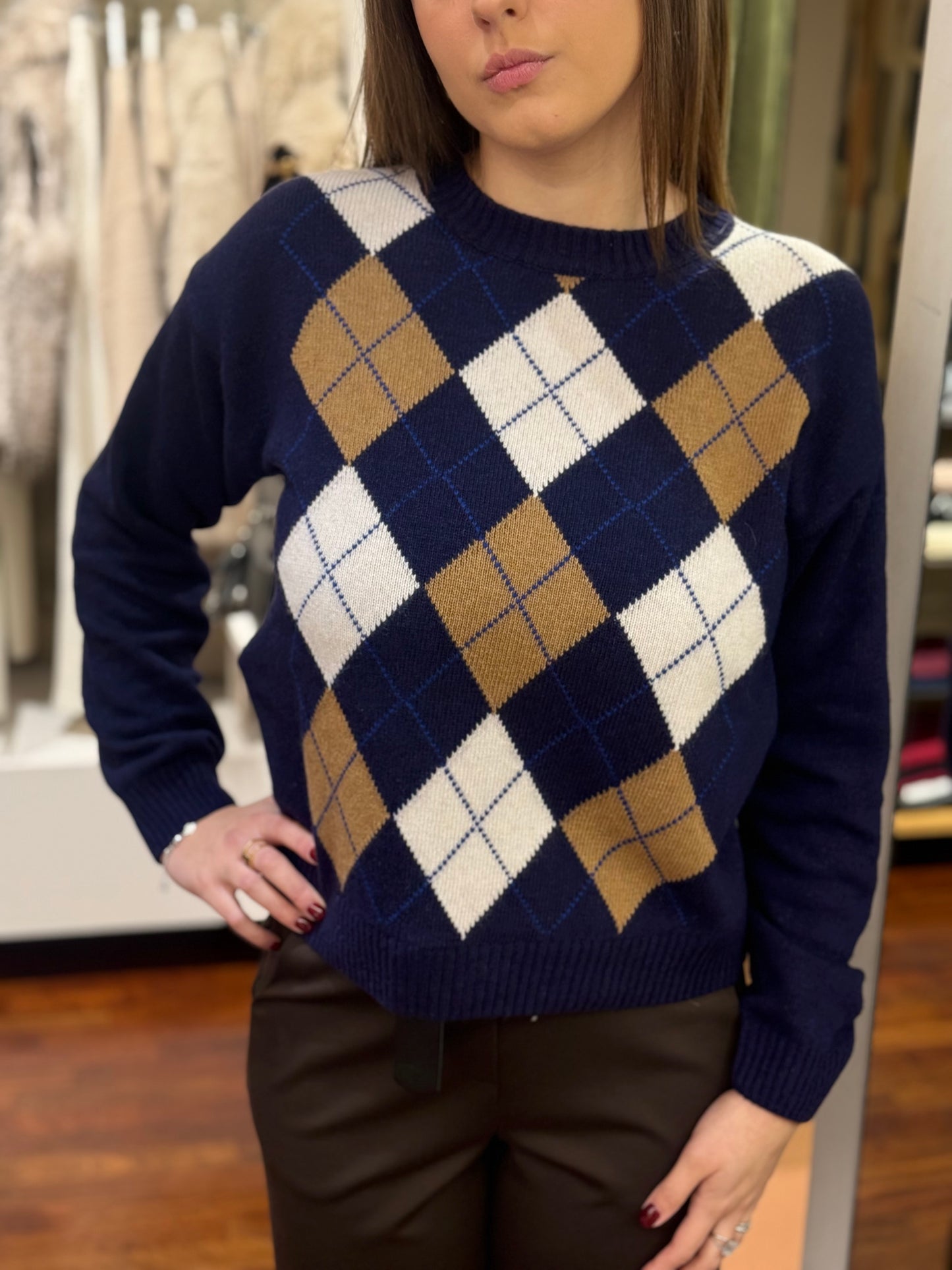 Tensione In Maglia paricollo rombi BLU/CAMEL/PANNA