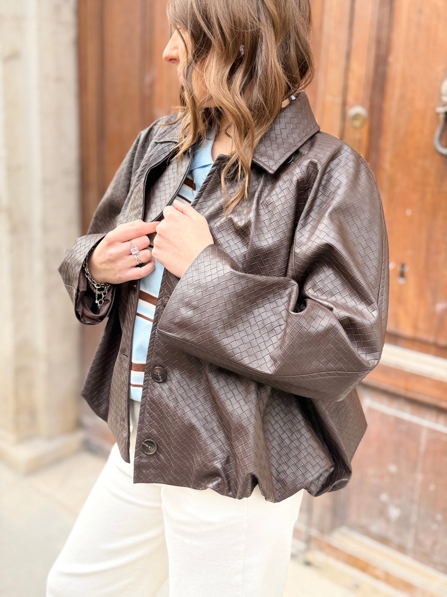 Tensione in Giacca  in ecopelle intrecciata MORO