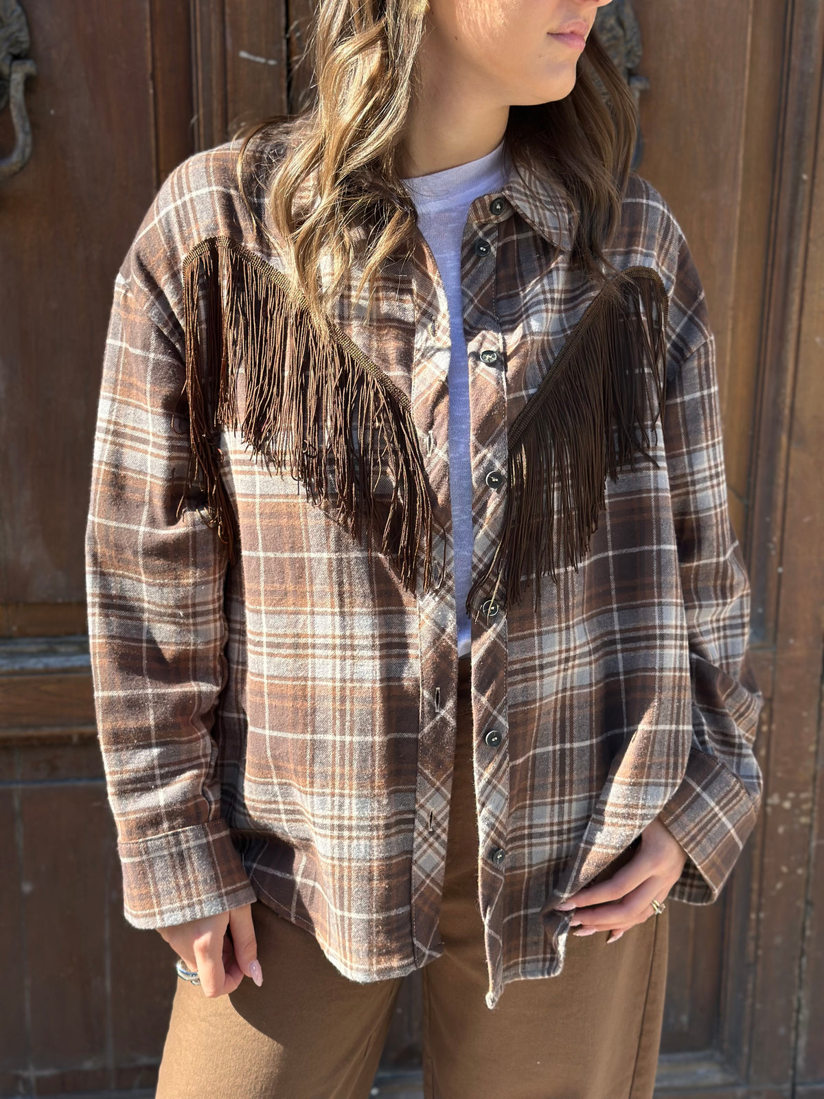 Tensione in camicia quadro frange COGNAC/BIANCO/AZZURRO